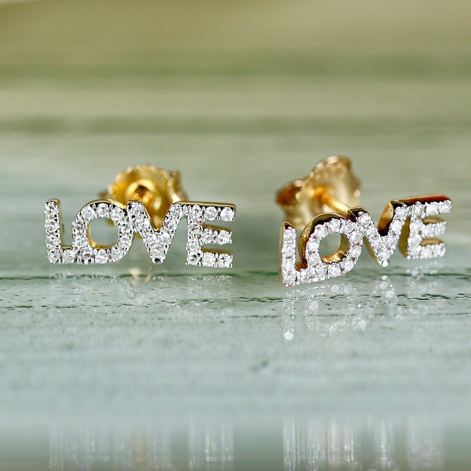 Diamond Love Earrings 14k Solid Gold, Natural Diamond Block Letter Love Earrings Studs, Monogram Earrings, Gift For Her