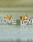 Diamond Love Earrings 14k Solid Gold, Natural Diamond Block Letter Love Earrings Studs, Monogram Earrings, Gift For Her