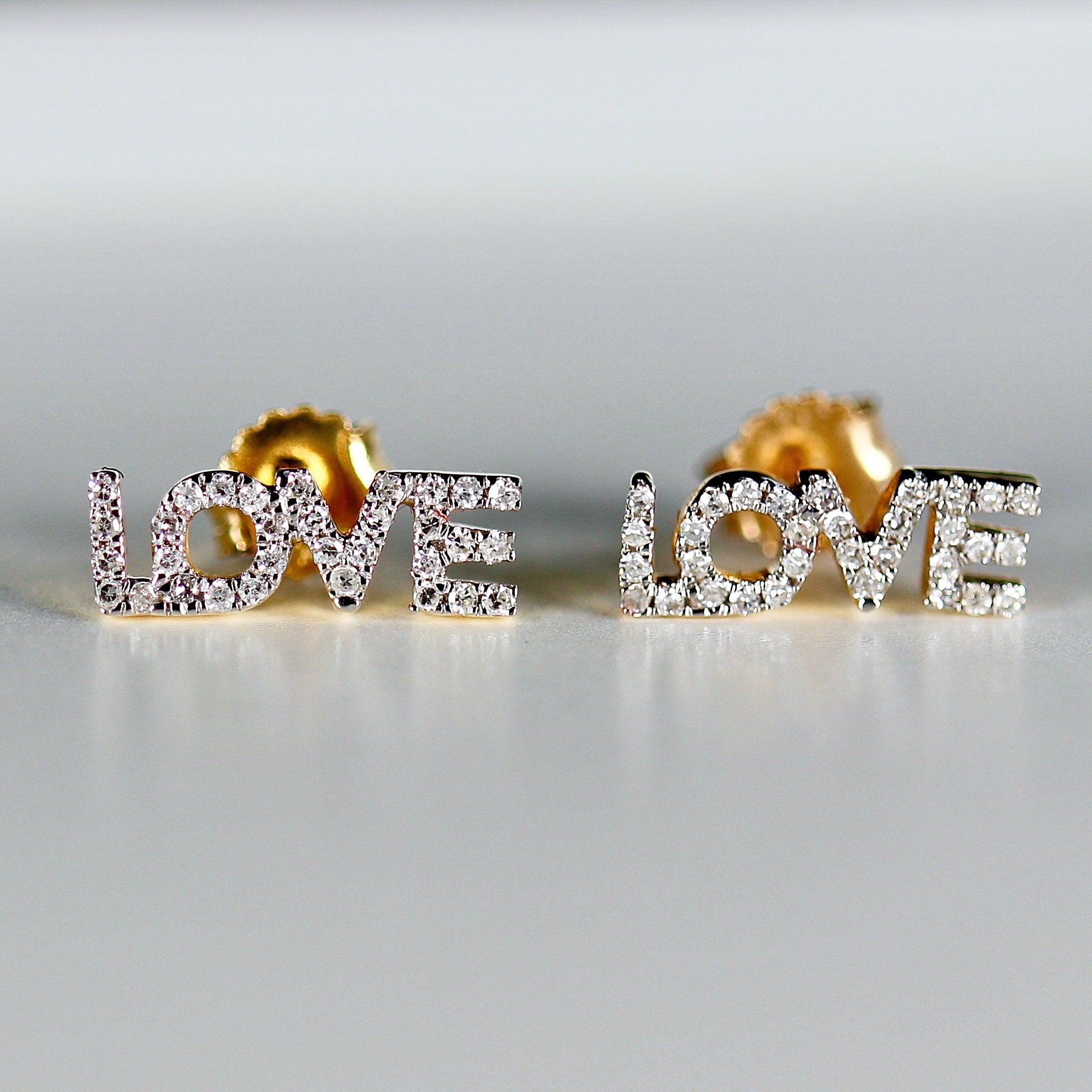 Diamond Love Earrings 14k Solid Gold, Natural Diamond Block Letter Love Earrings Studs, Monogram Earrings, Gift For Her