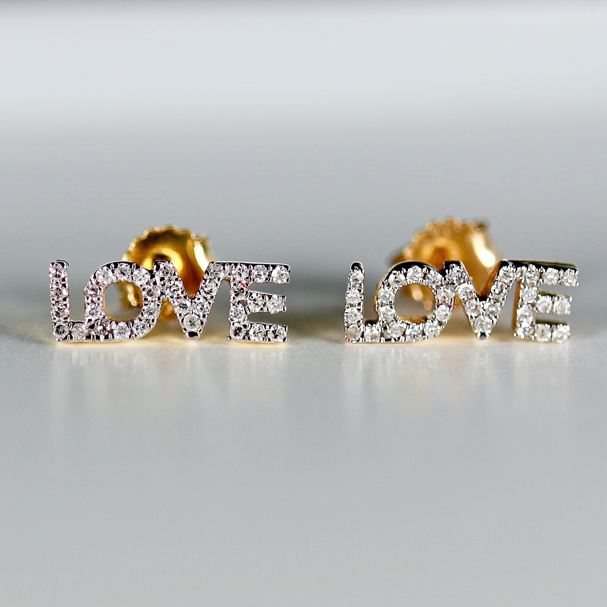 Diamond Love Earrings 14k Solid Gold, Natural Diamond Block Letter Love Earrings