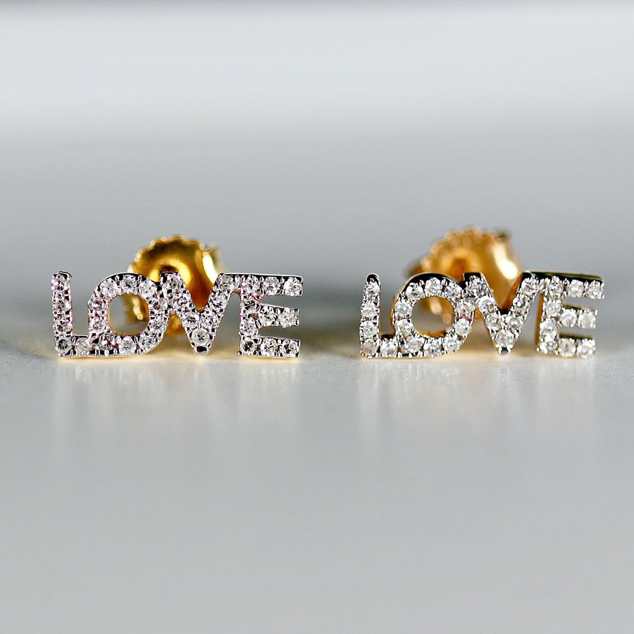 Diamond Love Earrings 14k Solid Gold, Natural Diamond Block Letter Love Earrings Studs, Monogram Earrings, Gift For Her