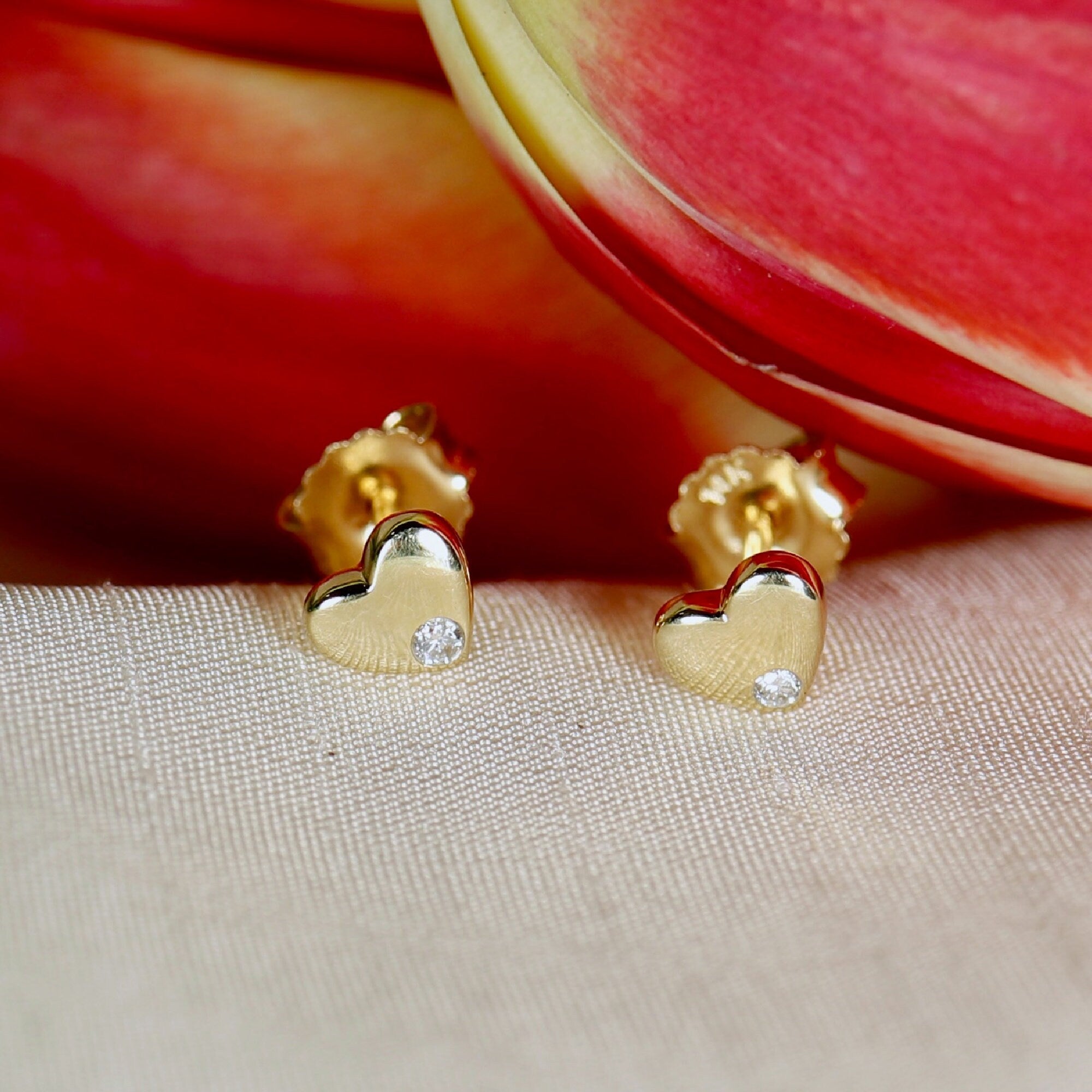 Diamond Puffy Heart Earrings 14k Solid Gold, Dainty Heart Studs, Minimalist Studs Earrings, Mother&#39;s Day Gift