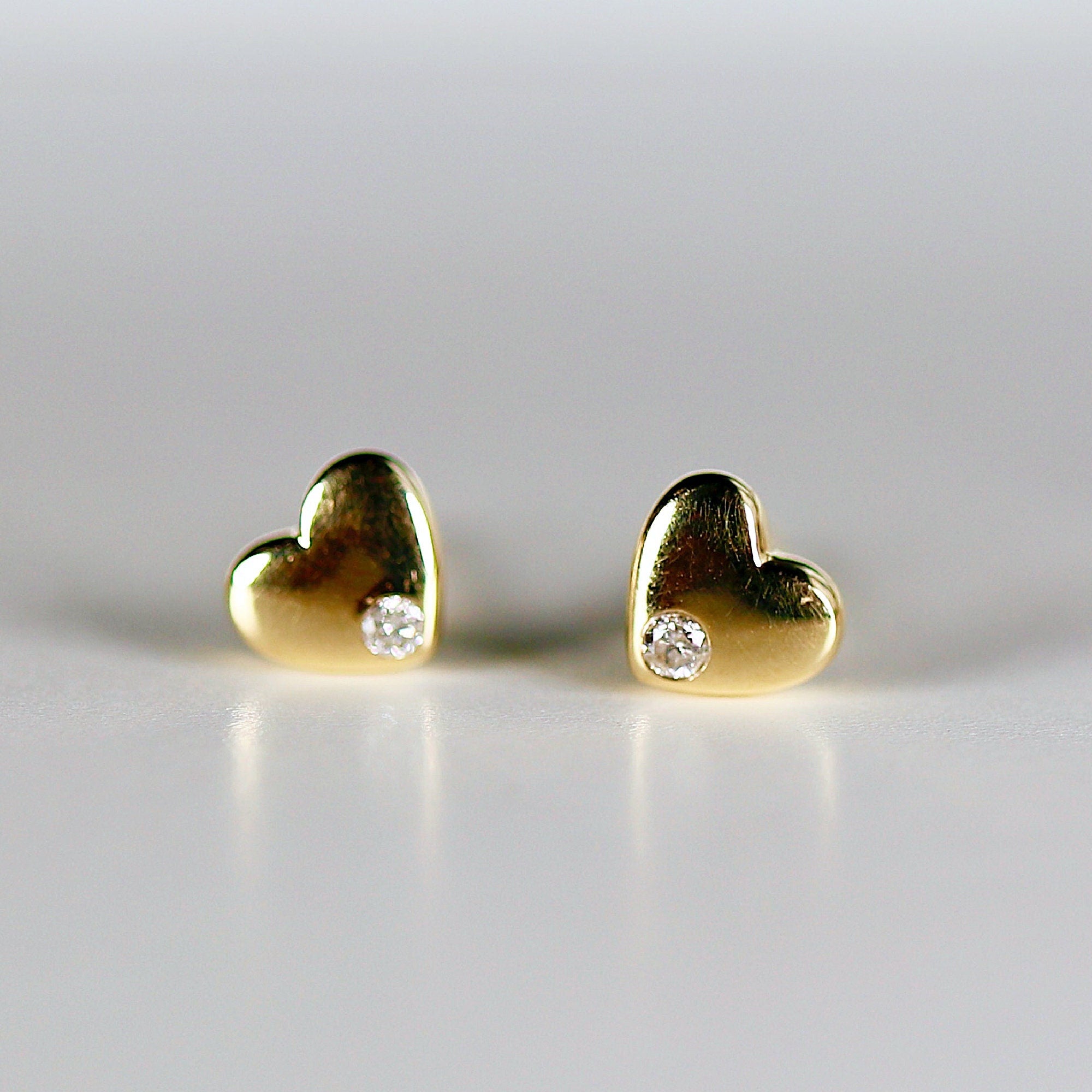 Diamond Puffy Heart Earrings 14k Solid Gold, Dainty Heart Studs