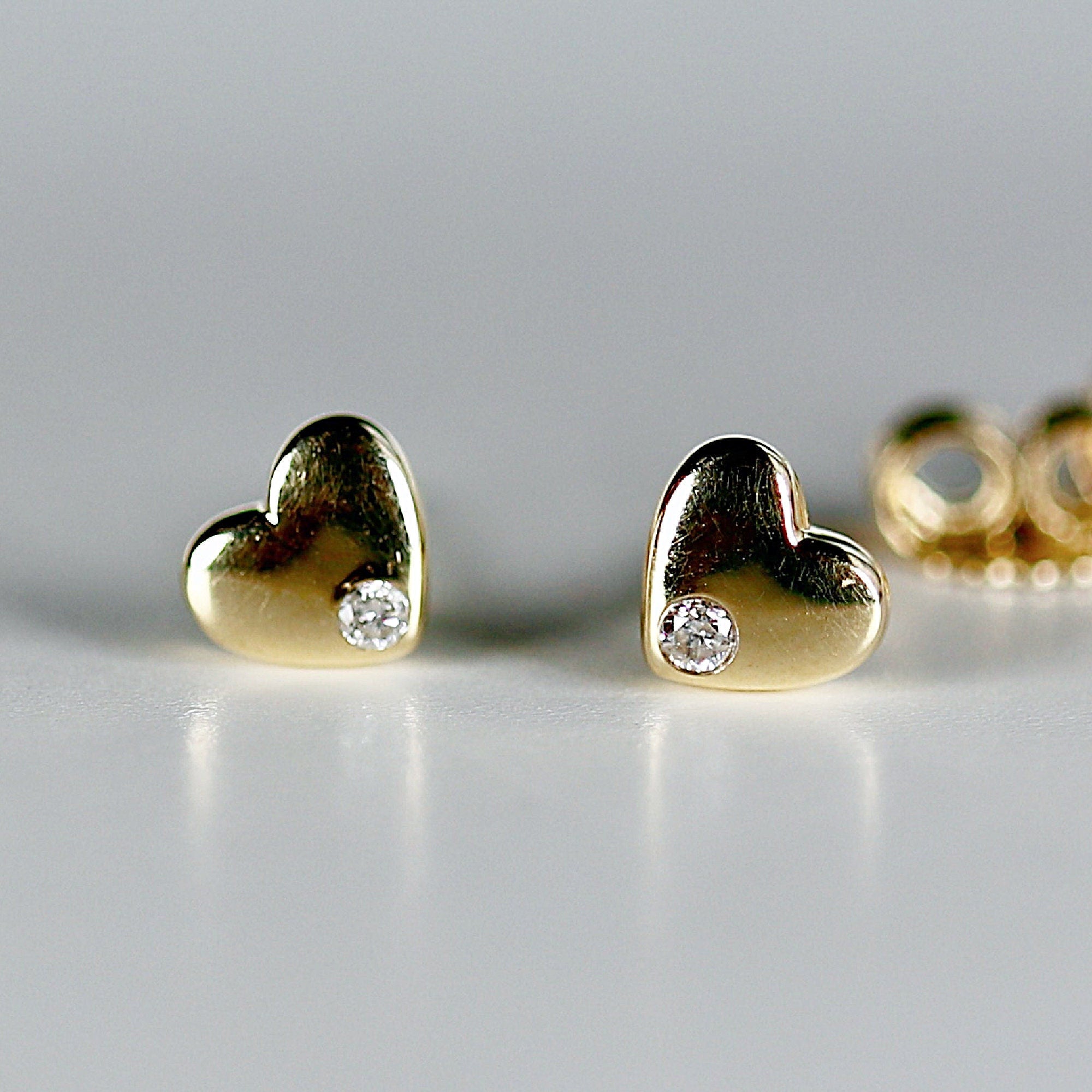 Diamond Puffy Heart Earrings 14k Solid Gold, Dainty Heart Studs