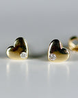 Diamond Puffy Heart Earrings 14k Solid Gold, Dainty Heart Studs