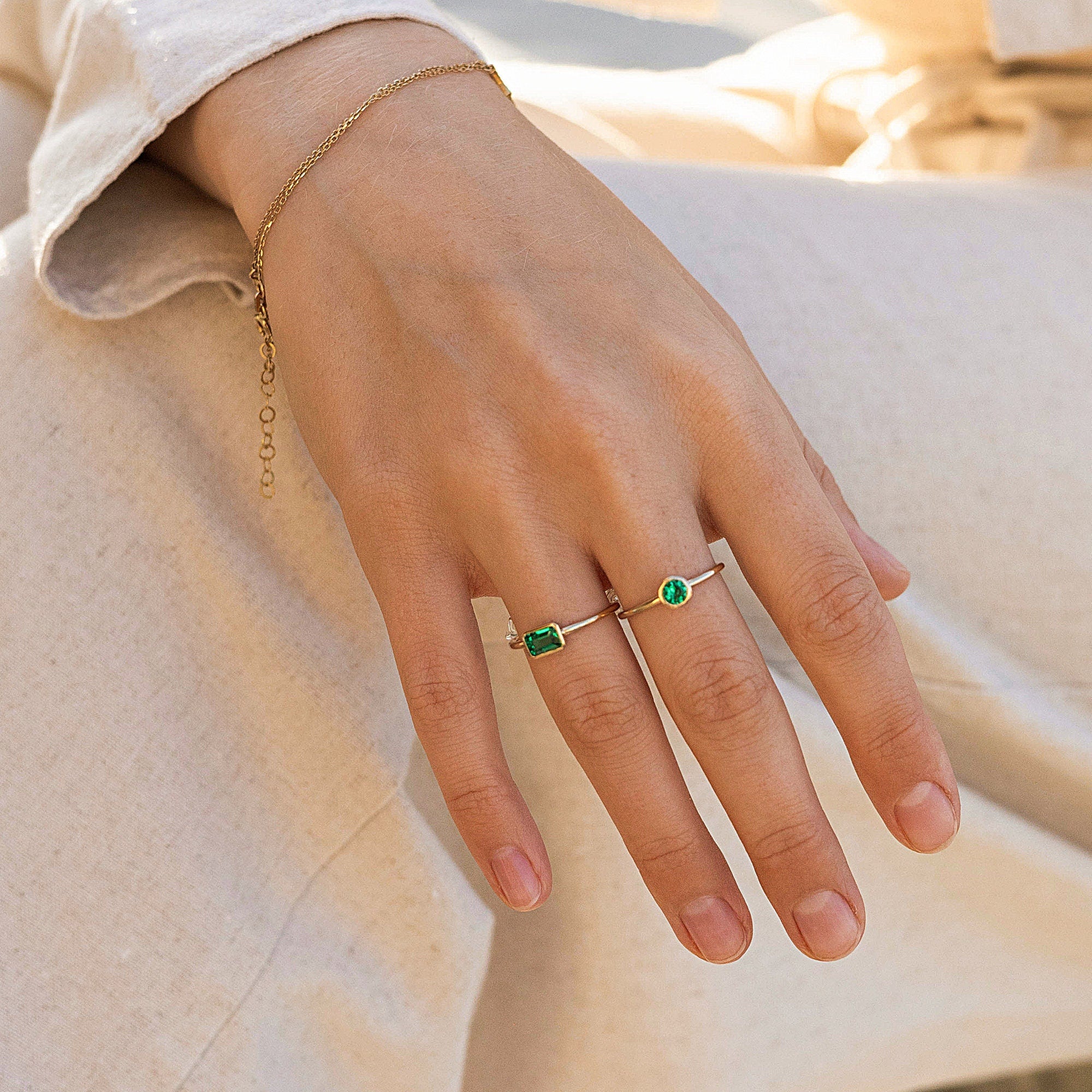14k Gold Bezel Set Emerald Ring, Stacking Minimalist Gemstone Ring - Melt'm Jewelry