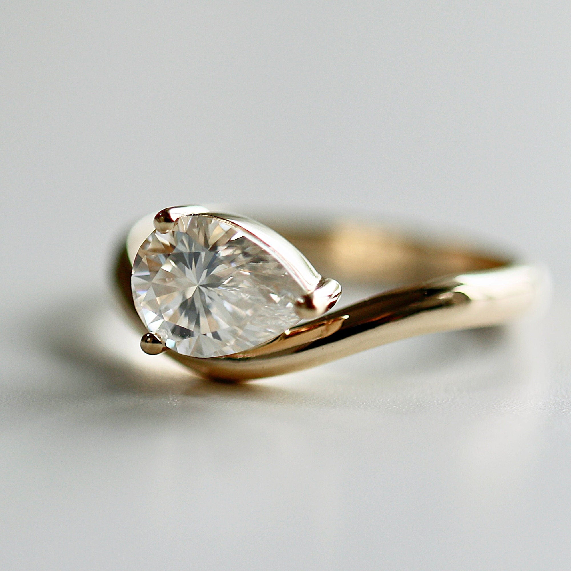 Pear Moissanite Monolith Ring 14k Gold, JASMINE 1 Ct. Pear Moissanite Engagement Ring - Melt'm Jewelry