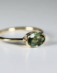 Green Sapphire Engagement Ring 14k Gold, East West Oval Bezel Set Sapphire Ring, Handmade Half Bezel Solitaire Ring, Statement Jewelry