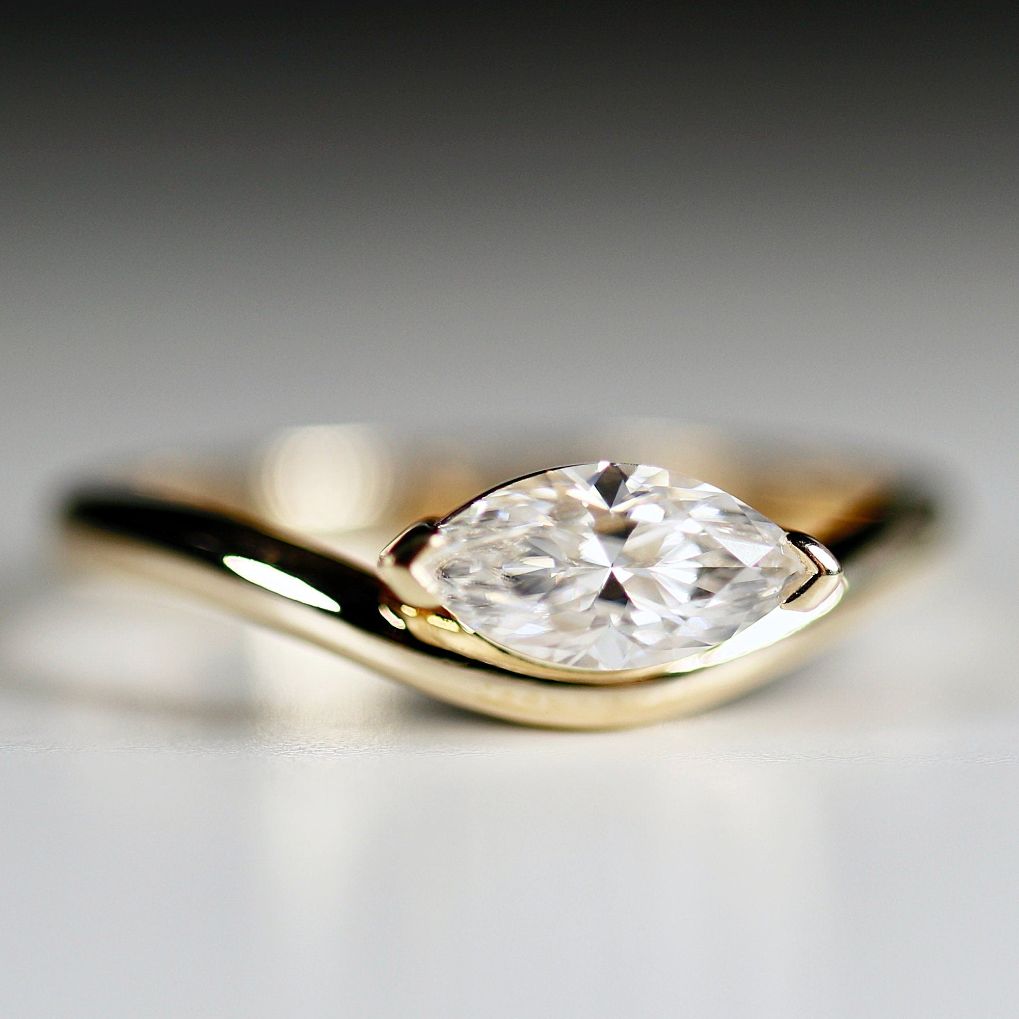 Marquise Moissanite Wavy Band Ring 14k Gold, LILY Minimalist Engagement Ring - Melt'm Jewelry