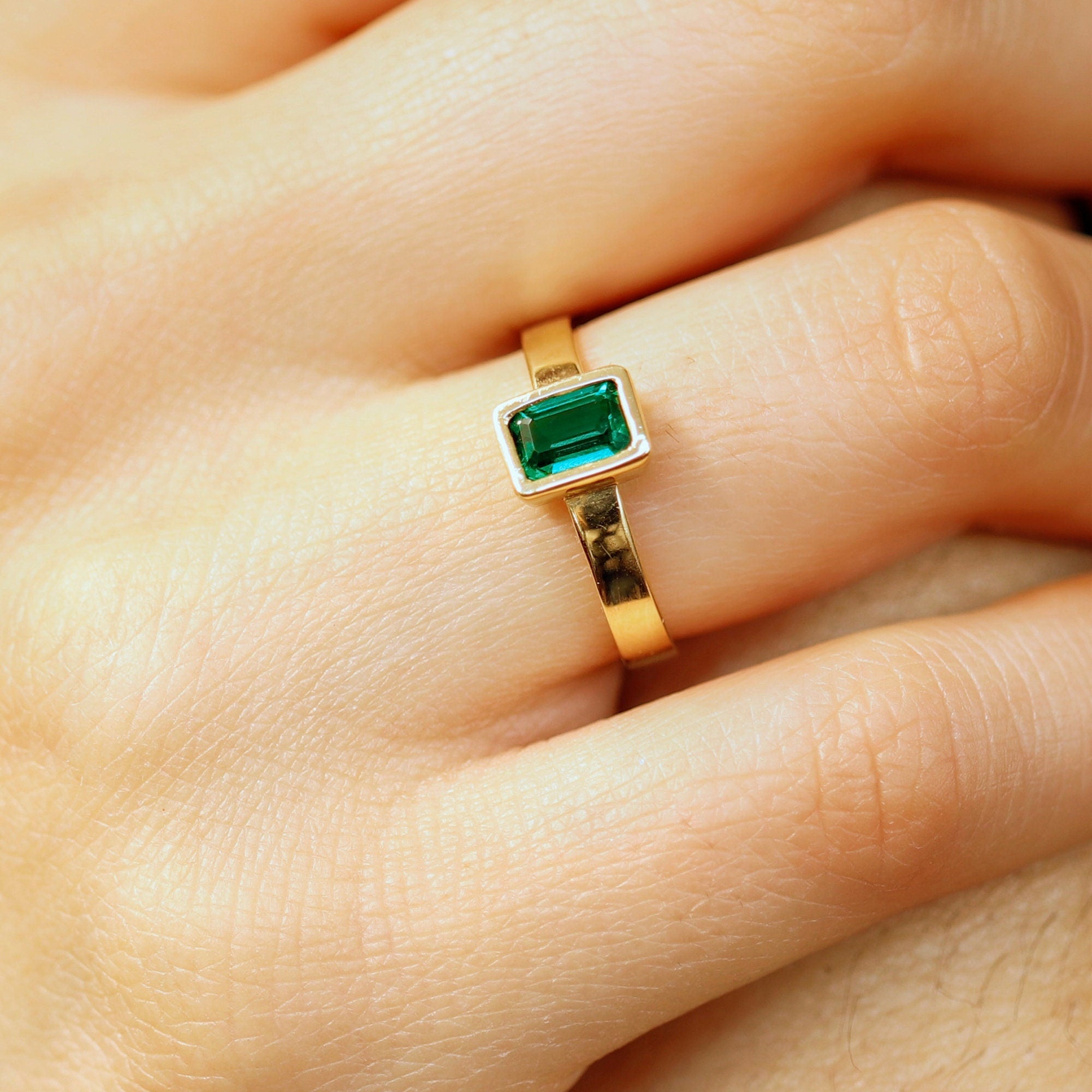 Bezel Set Emerald Ring 14k Solid Gold - Melt'm Jewelry