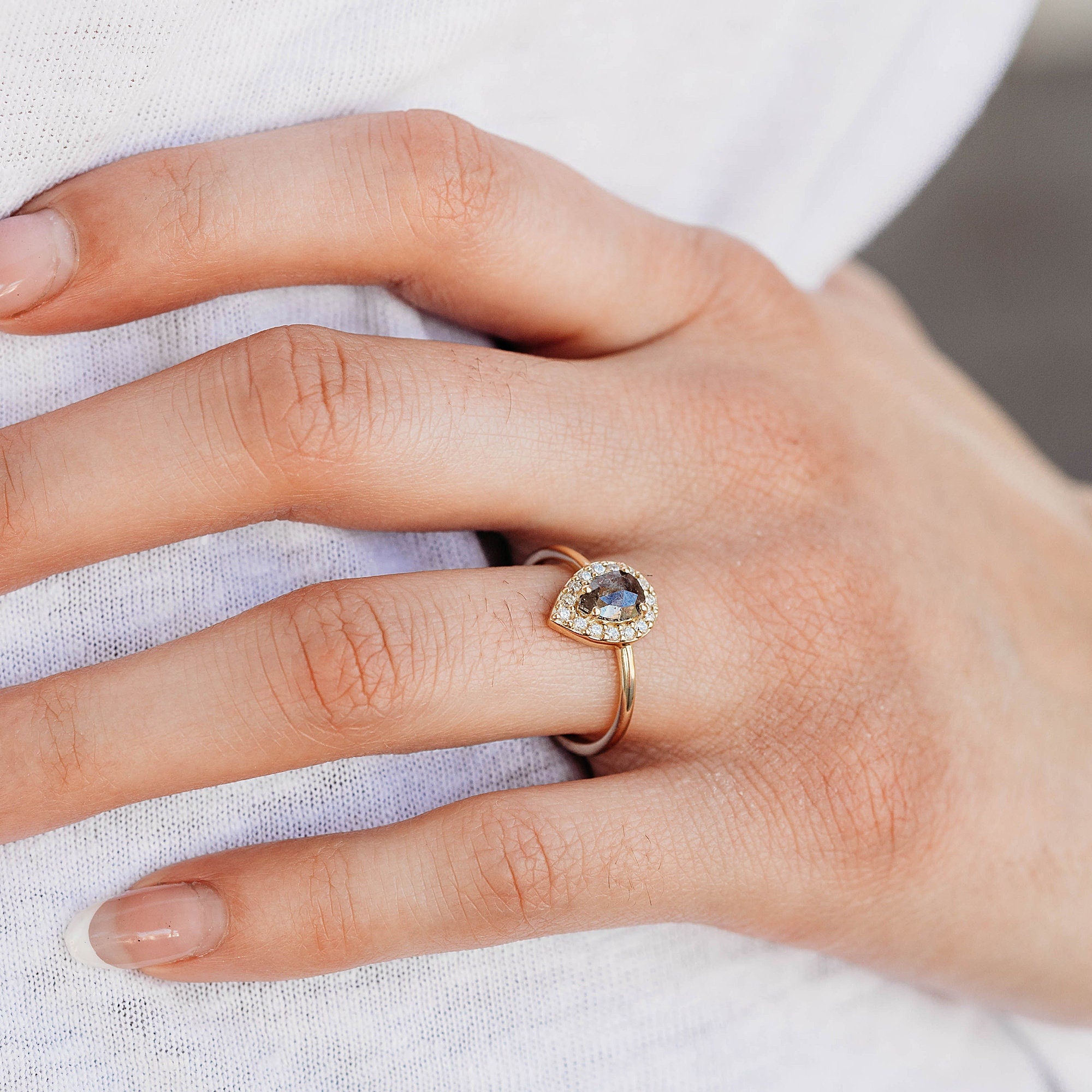 Pear Salt and Pepper Diamond Ring 14k Gold – Rose Cut Black Diamond Halo Ring, Unique Engagement Ring, Anniversary Gift - Melt'm Jewelry
