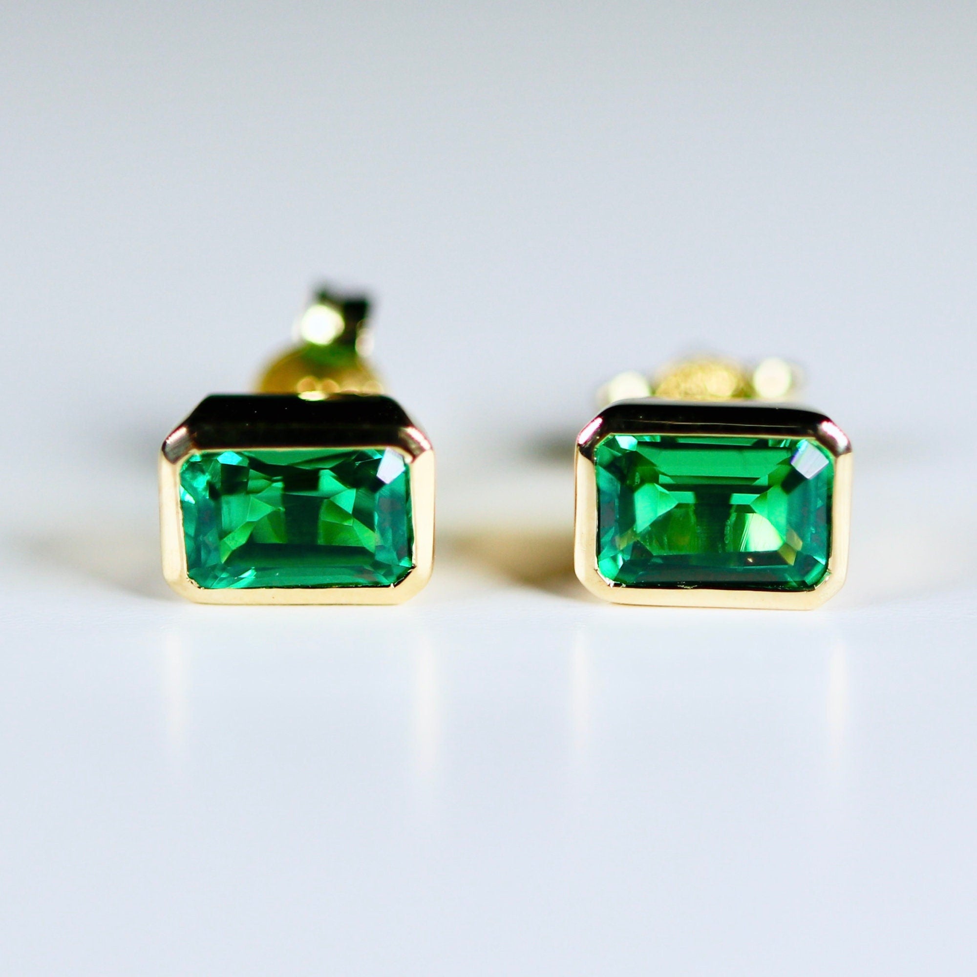 Genuine Emerald Cut Bezel Set Emerald Earrings 14k Gold - Melt'm Jewelry