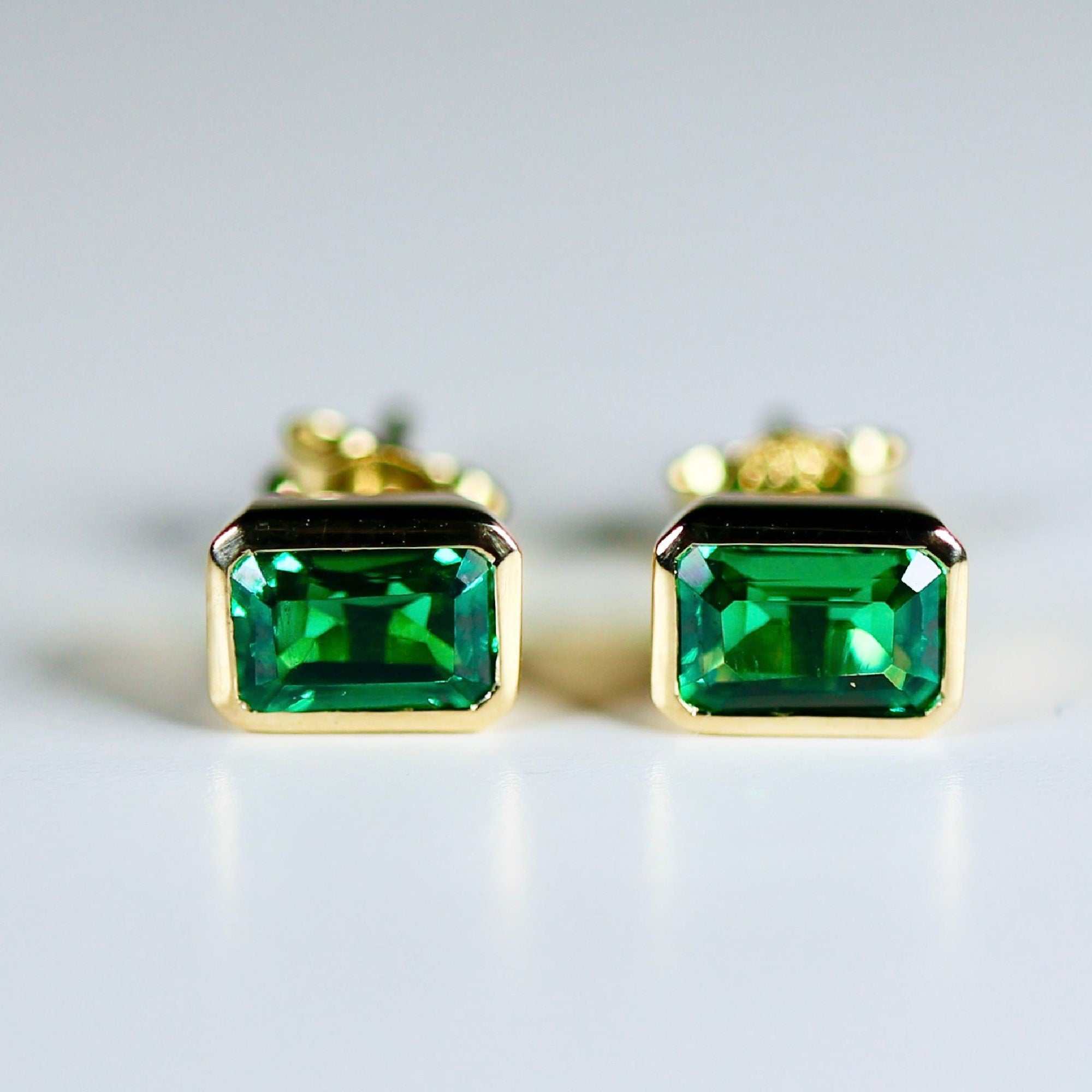 Genuine Emerald Cut Bezel Set Emerald Earrings 14k Gold - Melt'm Jewelry