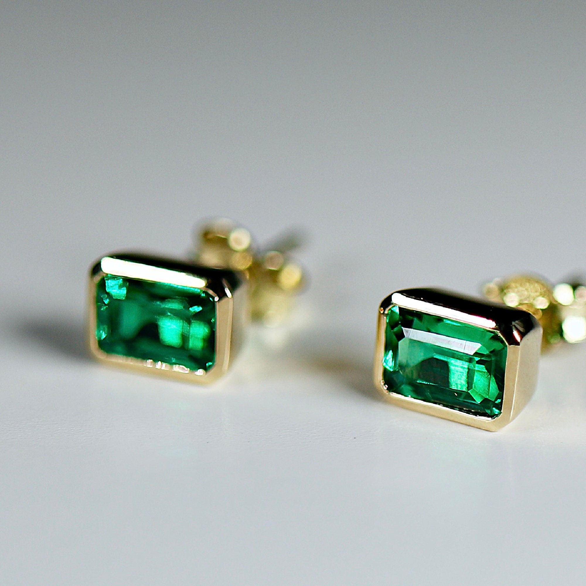 Genuine Emerald Cut Bezel Set Emerald Earrings 14k Gold - Melt'm Jewelry