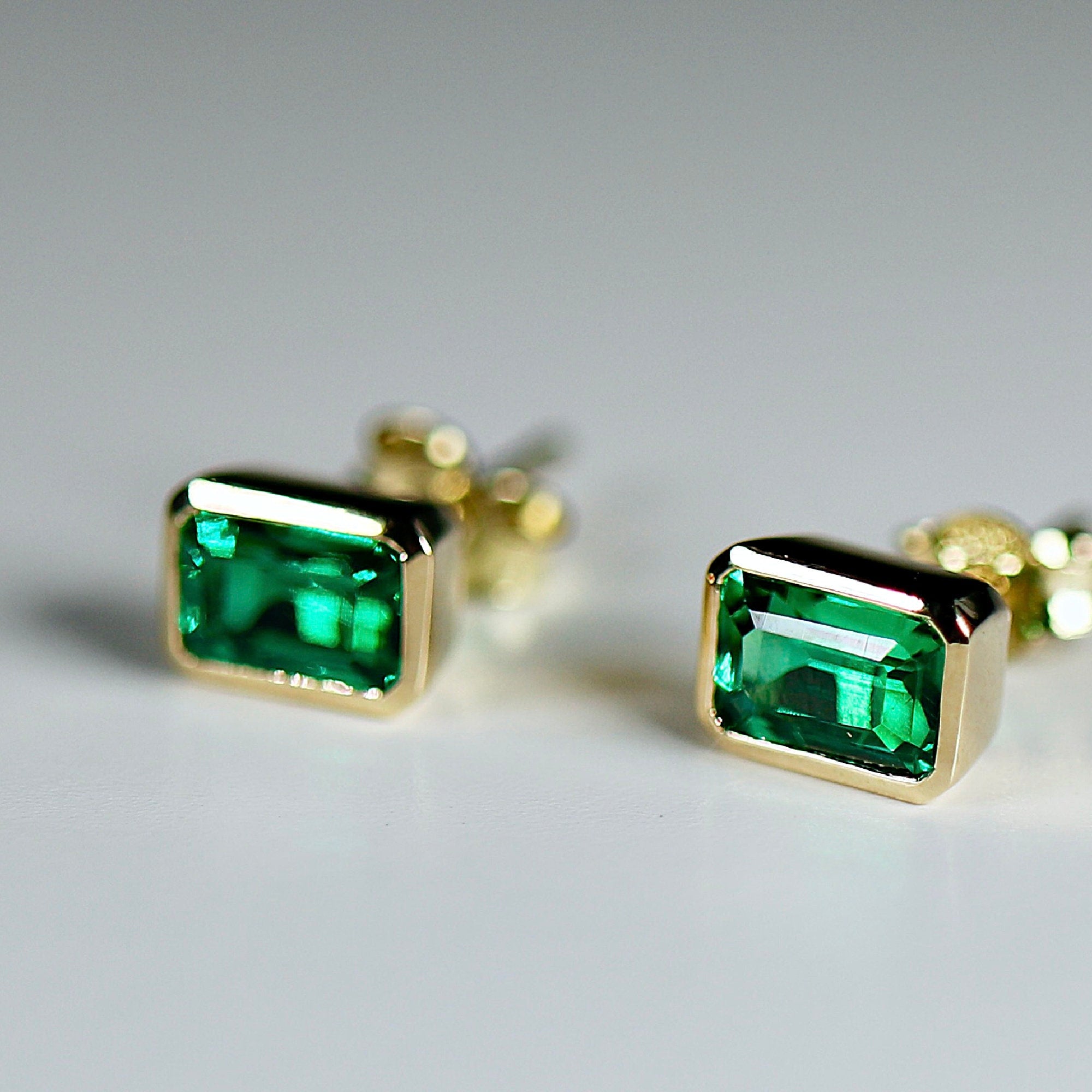 Genuine Emerald Cut Bezel Set Emerald Earrings 14k Gold - Melt'm Jewelry