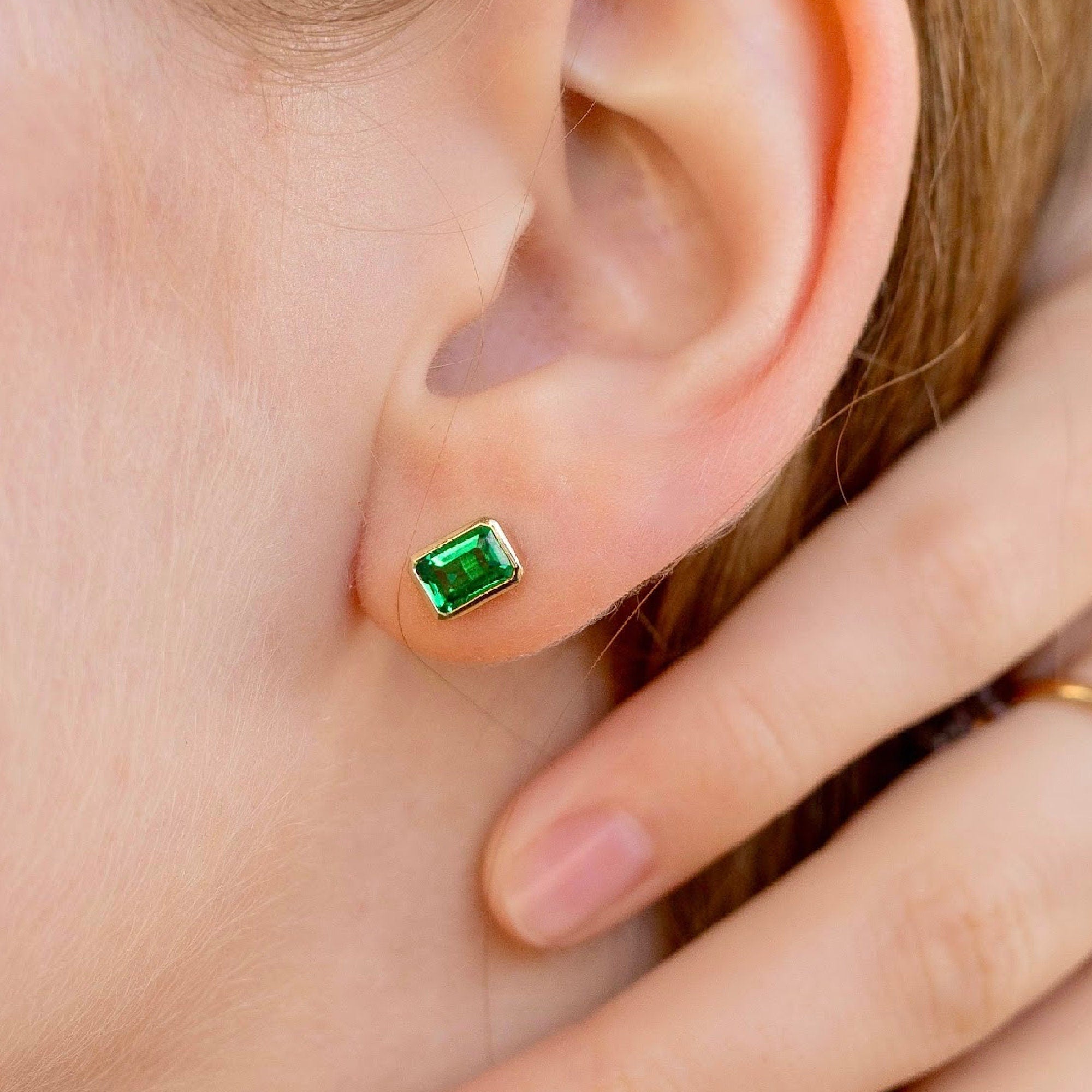 Genuine Emerald Cut Bezel Set Emerald Earrings 14k Gold