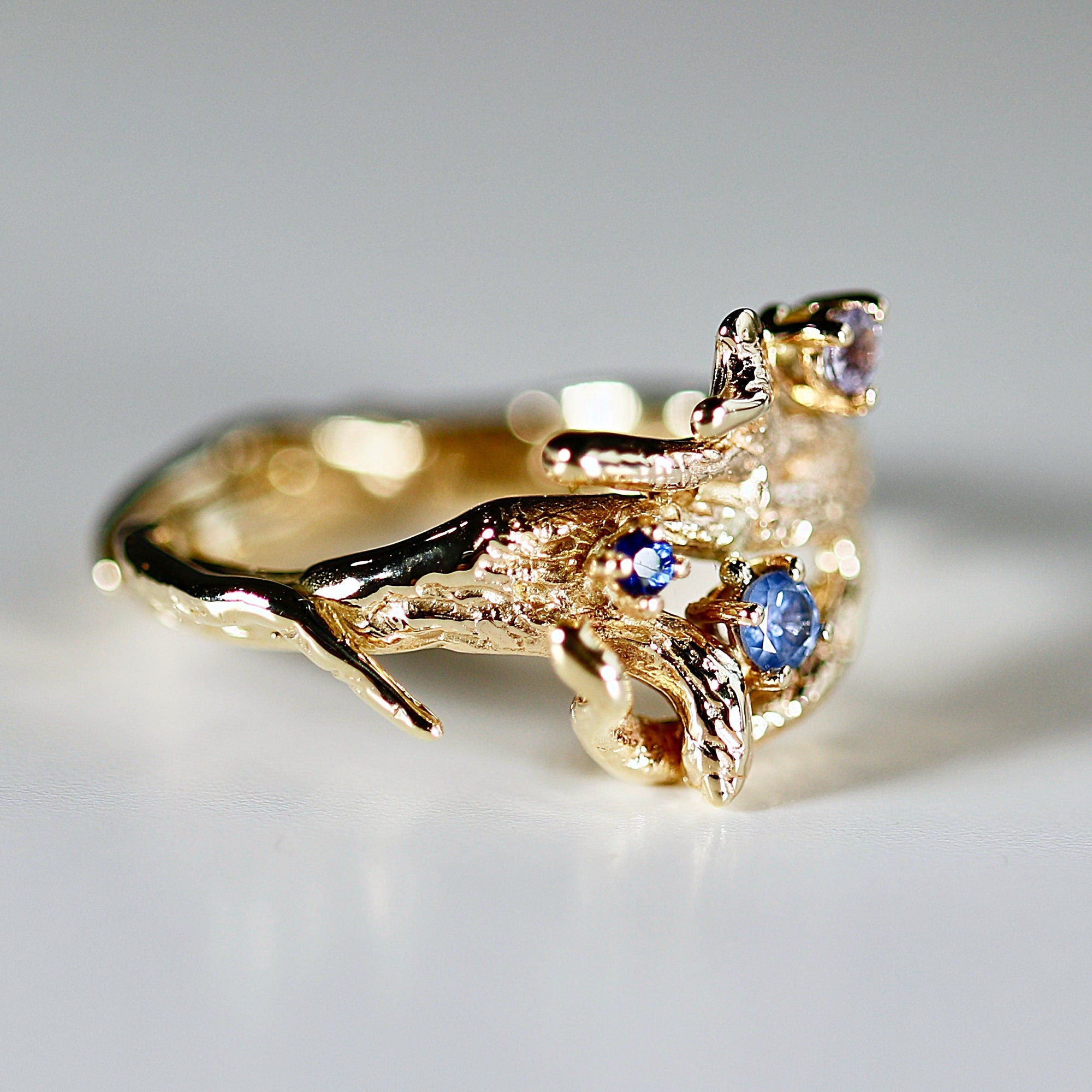 Colorful Sapphire Twig Ring 14k Solid Gold, Gold Branch Ring