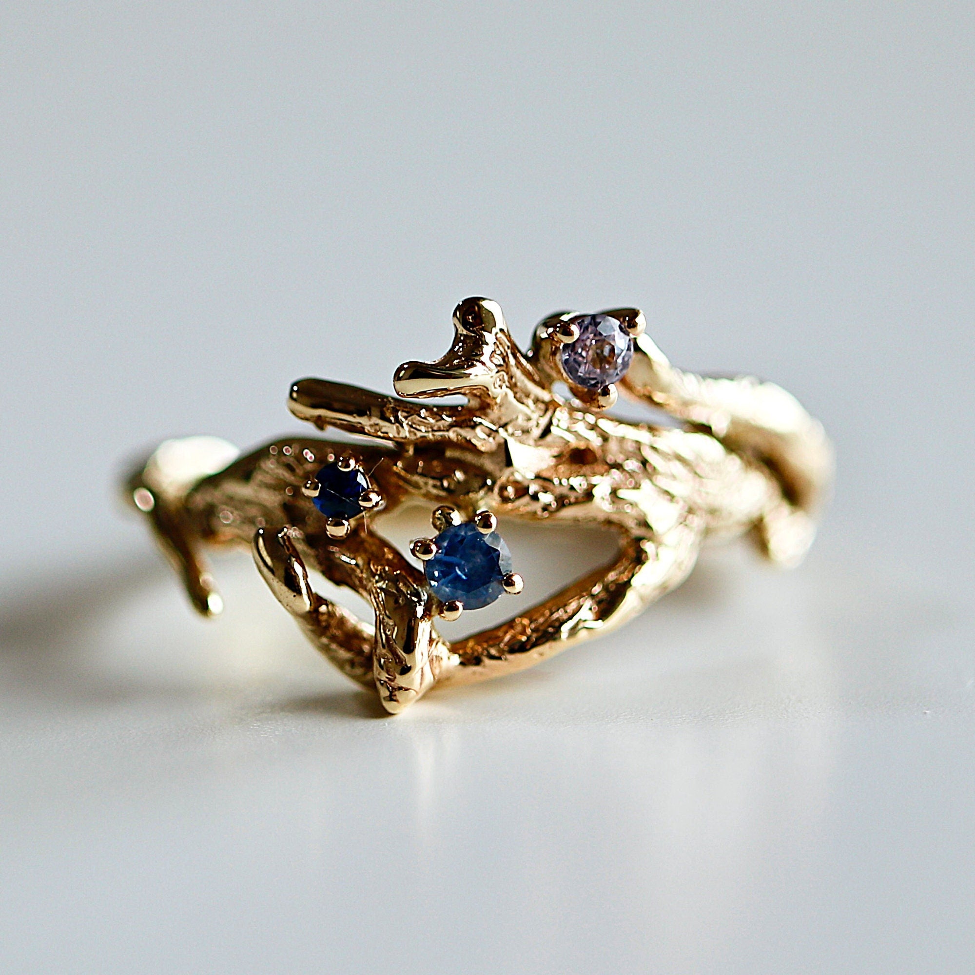 Colorful Sapphire Twig Ring 14k Solid Gold, Gold Branch Ring