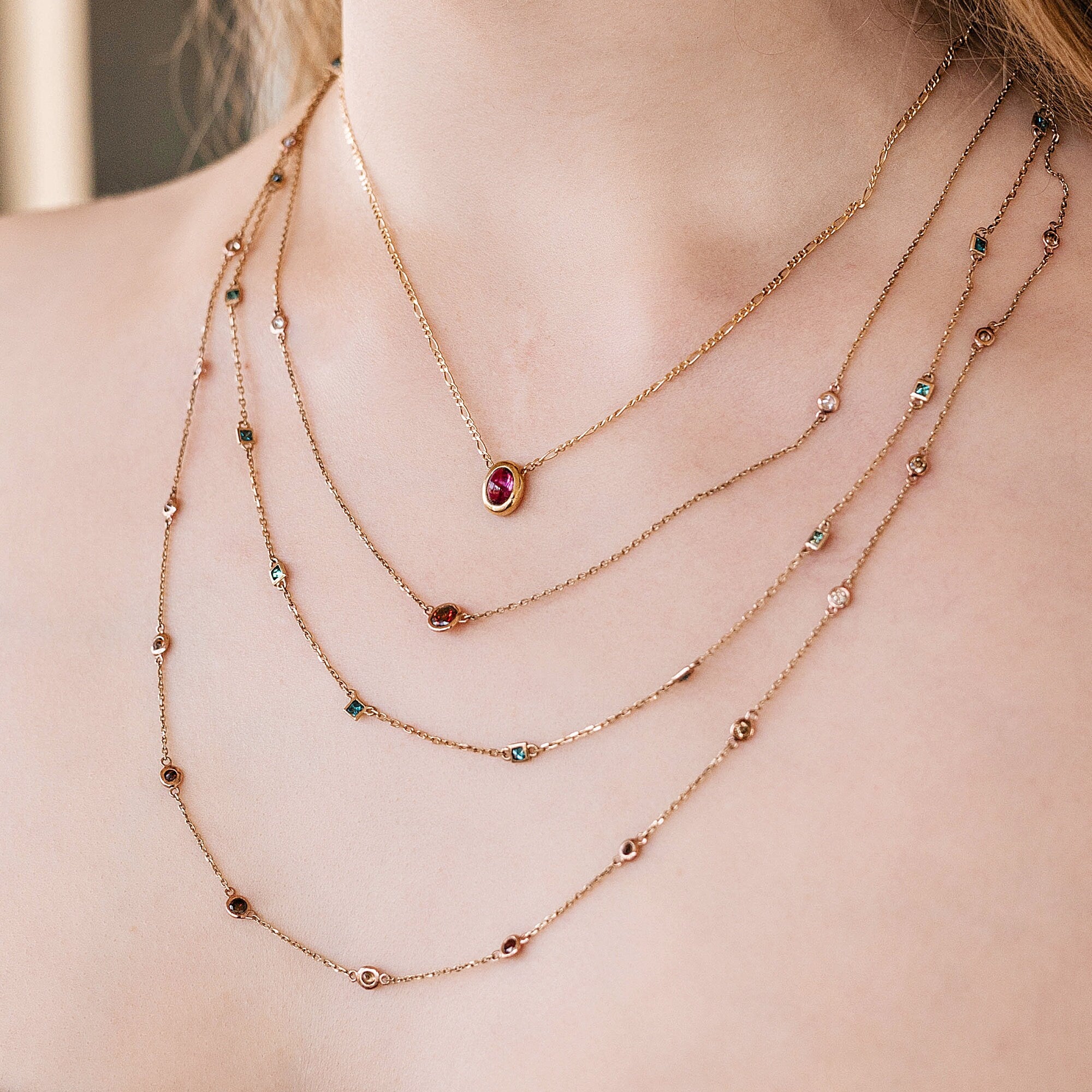 Diamond Station Necklace, Red Diamond By the Yard Necklace