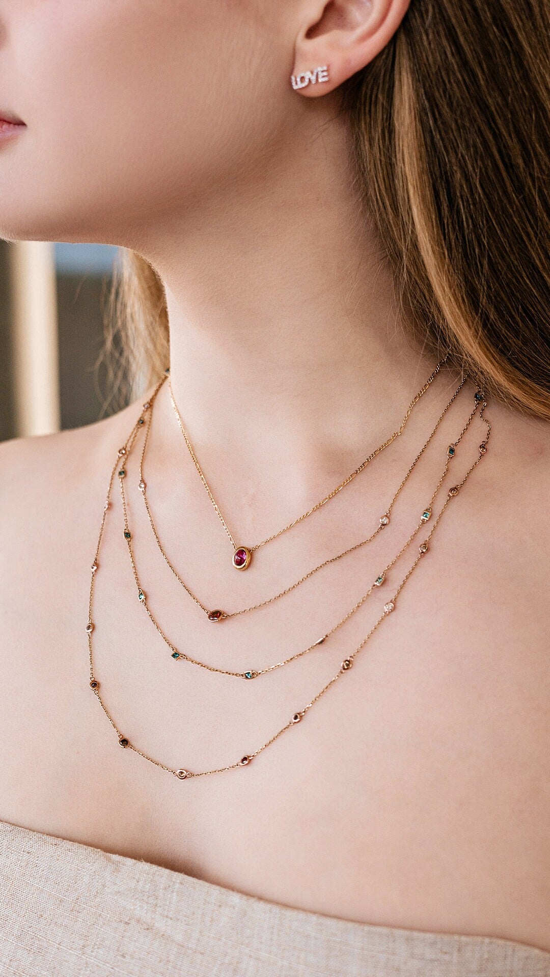 Diamond Station Necklace, Red Diamond By the Yard Necklace