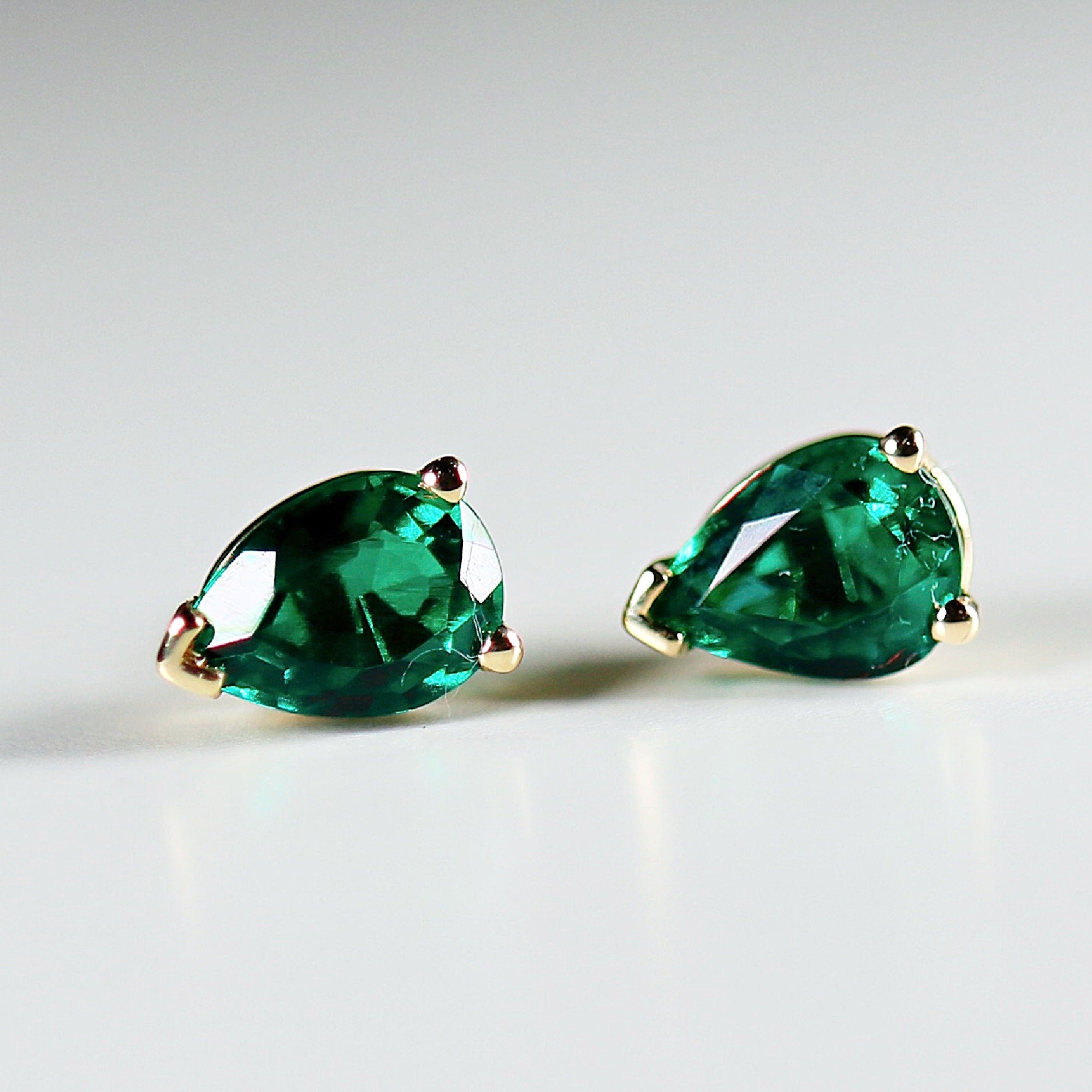 Genuine Pear Emerald Earrings 14k Gold