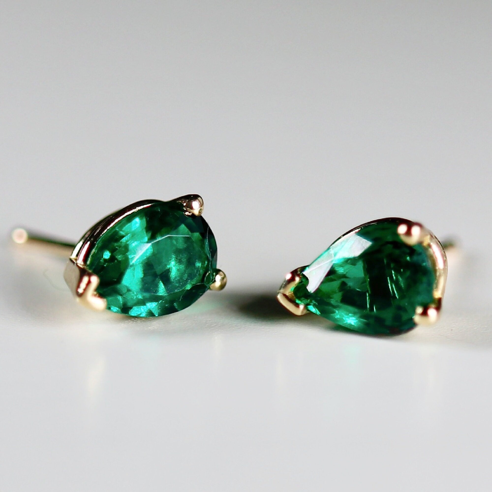 Genuine Pear Emerald Earrings 14k Gold, Teardrop Emerald Stud Earrings, May Birthstone Earrings, Emerald Studs, 20th Anniversary Gift