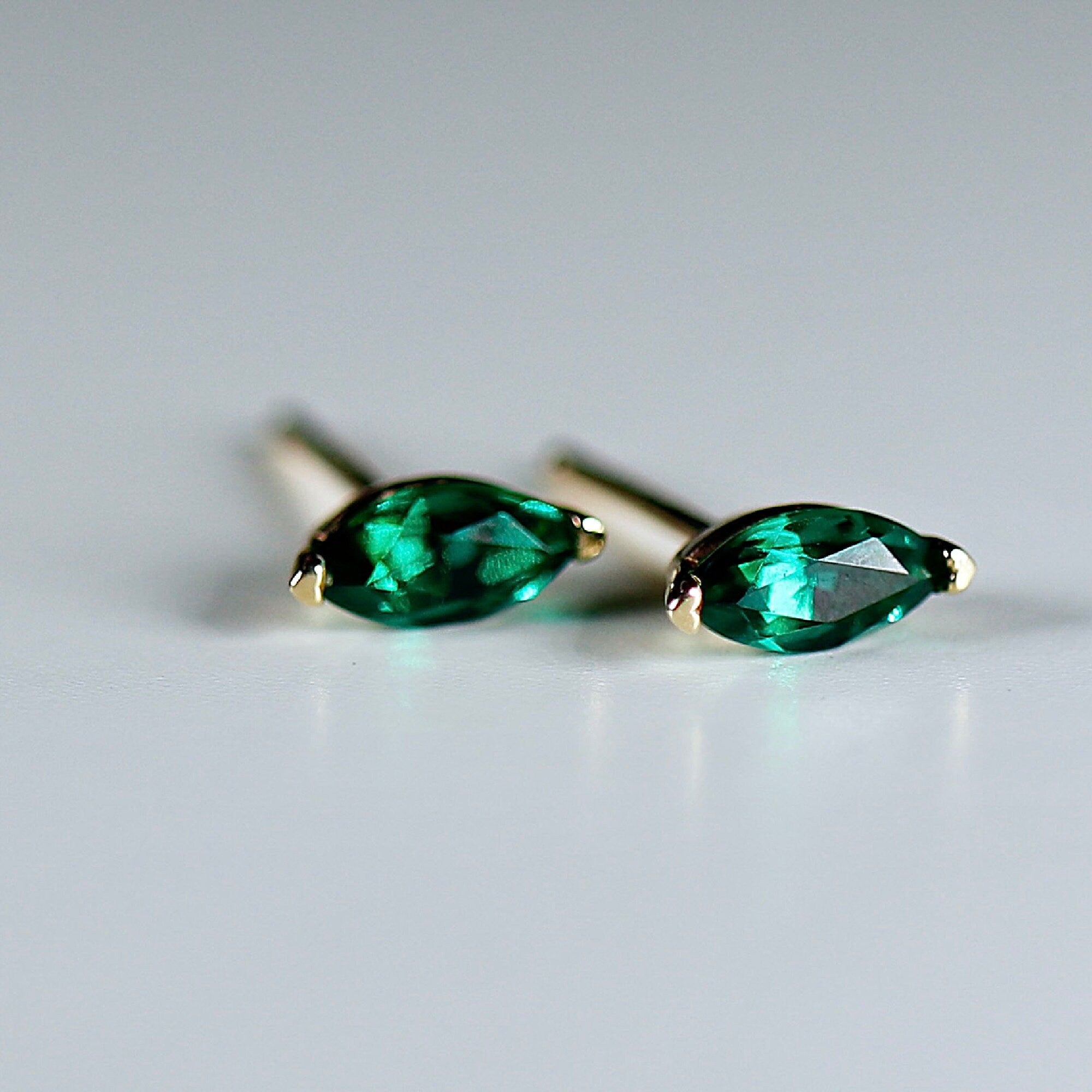 Genuine Marquise Emerald Earrings 14k Gold, Marquise Emerald Stud Earrings, May Birthstone Earrings, Emerald Studs, 20th Anniversary Gift