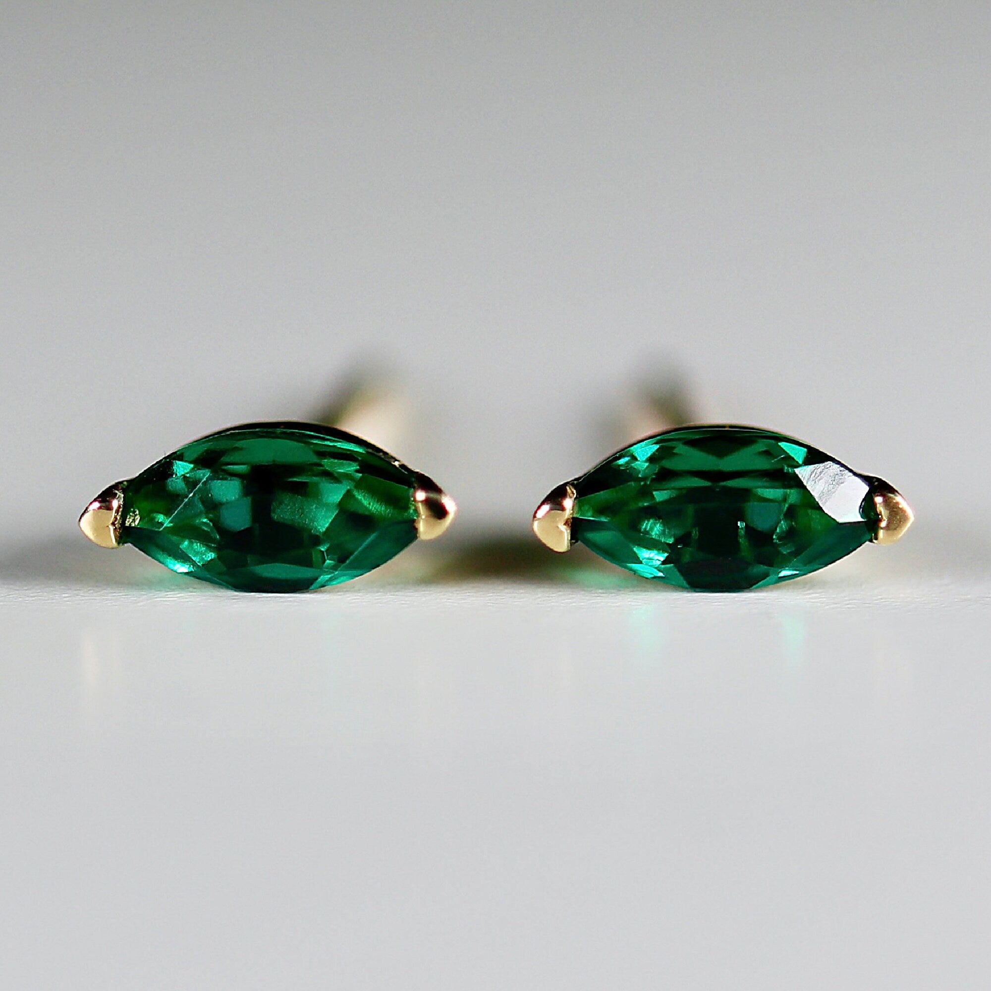 Genuine Marquise Emerald Earrings 14k Gold, Marquise Emerald Stud Earrings, May Birthstone Earrings, Emerald Studs, 20th Anniversary Gift