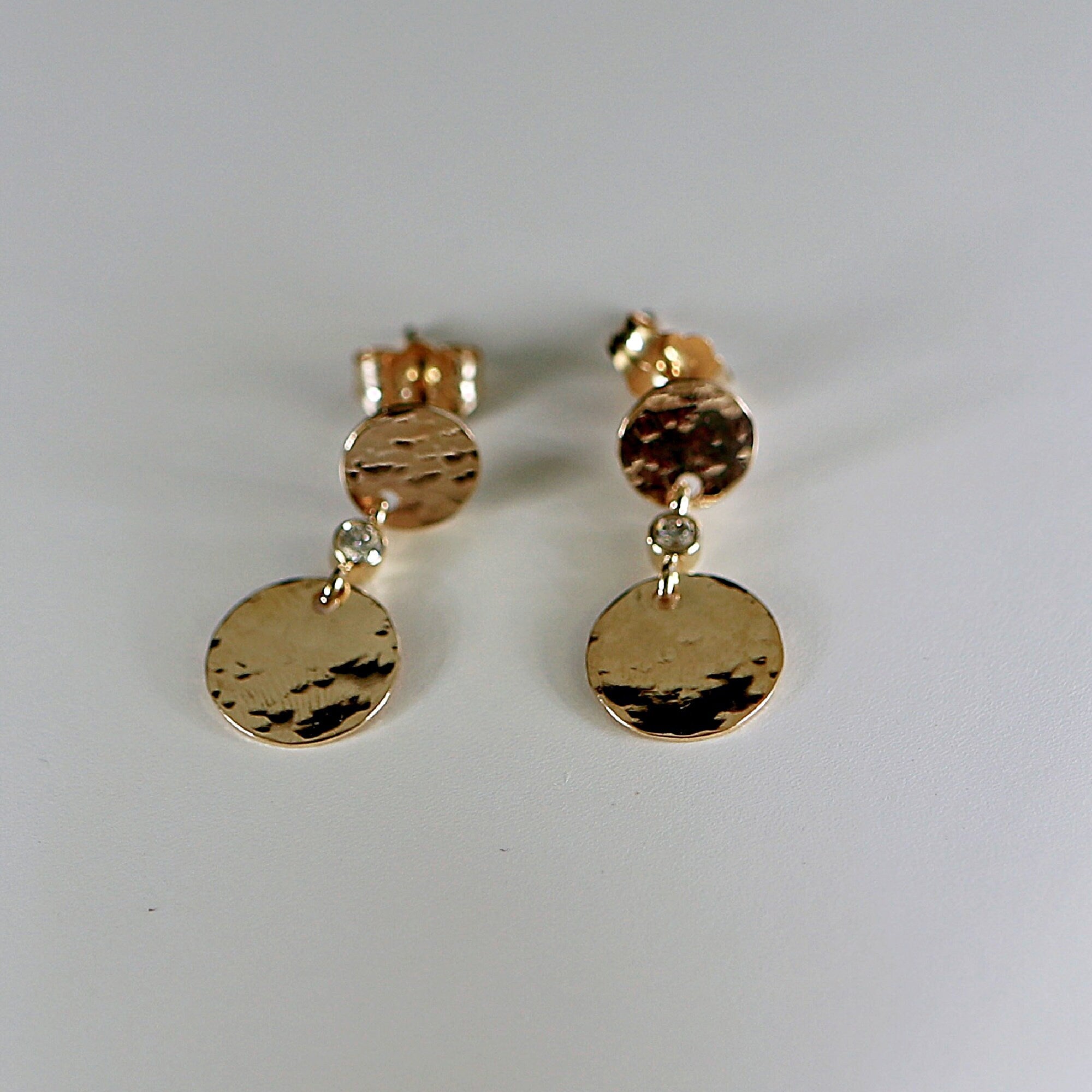 Hammered Disc Dangle Earrings 14k Solid Gold, Double Disc Diamond Earrings, Minimalist Earrings