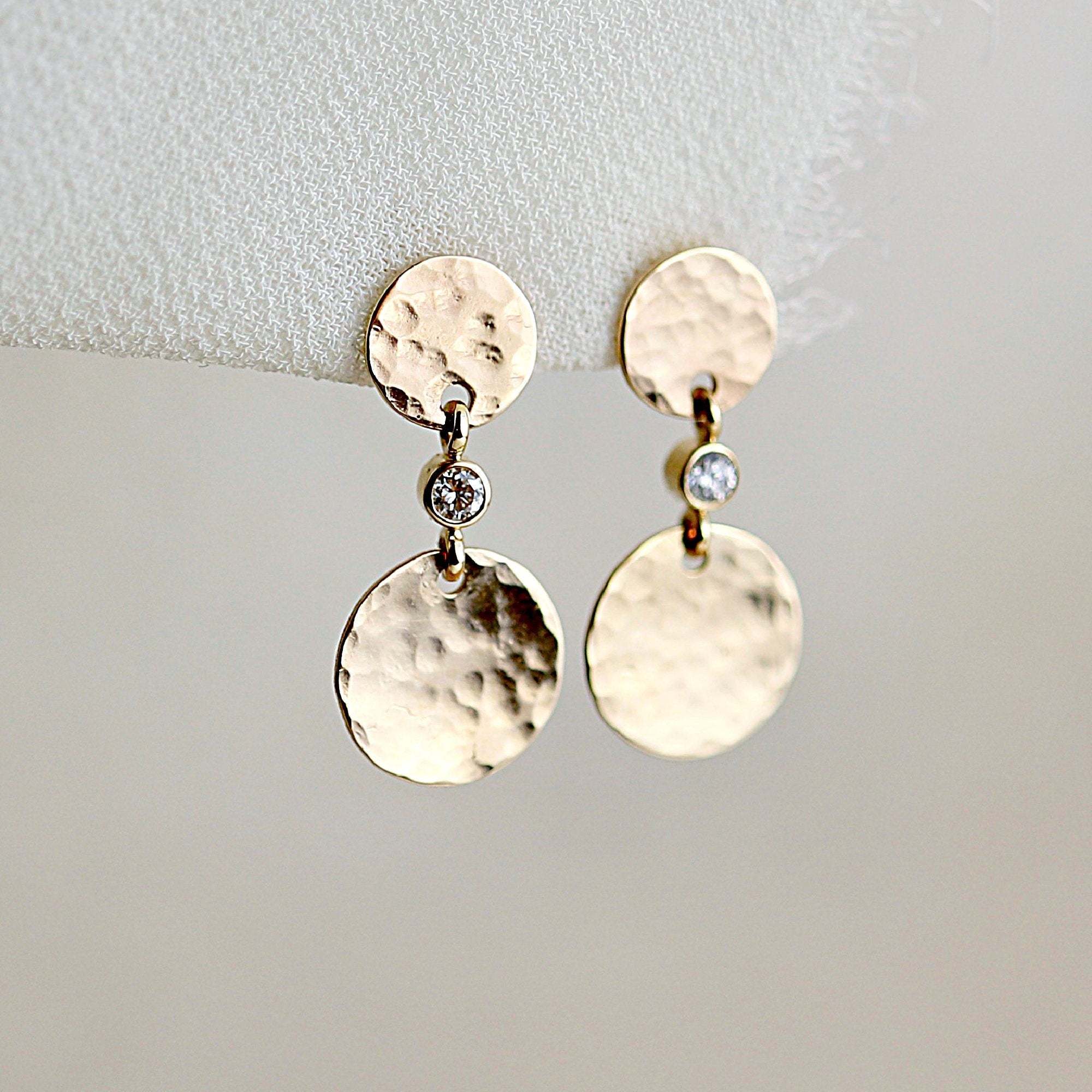 Hammered Disc Dangle Earrings 14k Solid Gold, Double Disc Diamond Earrings, Minimalist Earrings