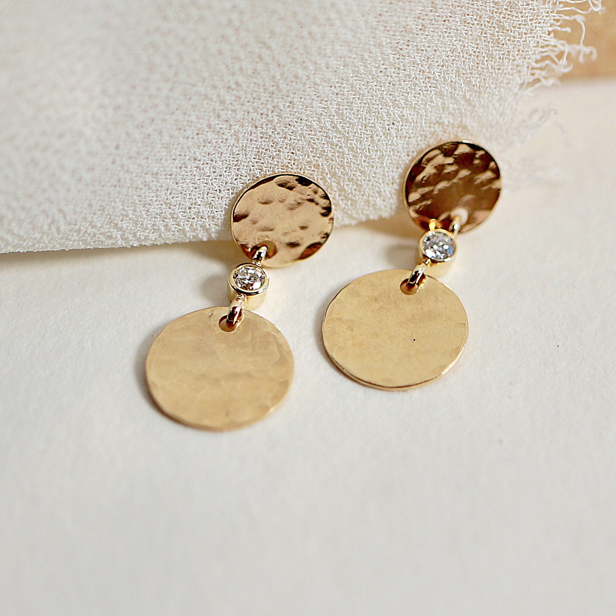 Hammered Disc Dangle Earrings 14k Solid Gold, Double Disc Diamond Earrings, Minimalist Earrings