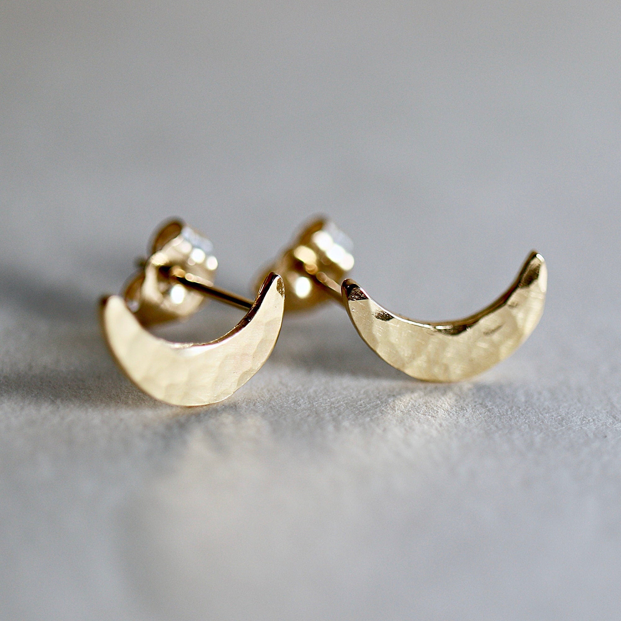 14k Solid Gold Crescent Moon Earrings, Moon Stud Earrings - Melt'm Jewelry