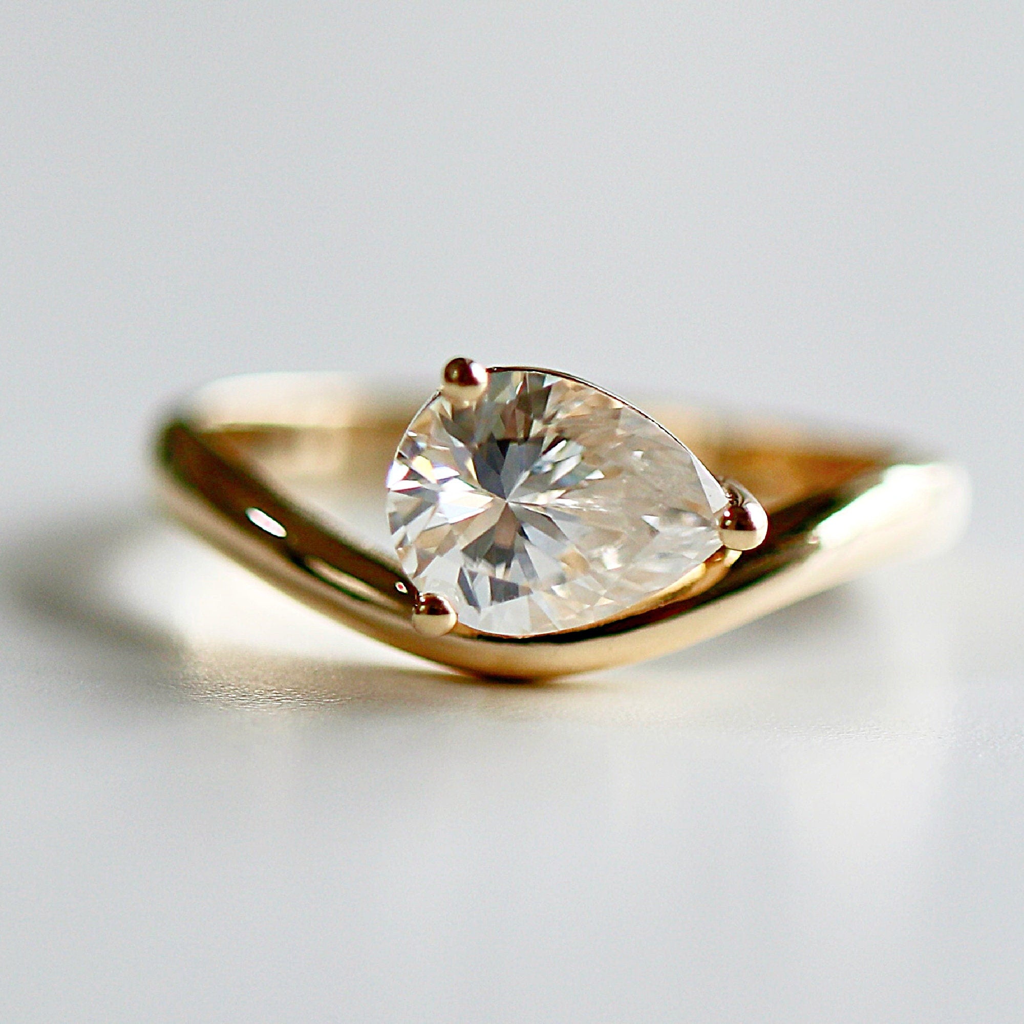 Pear Moissanite Monolith Ring 14k Gold, 1 Ct. Pear Moissanite Engagement Ring East West Unique Sideway Pear Moissanite Ring, Gift For Her