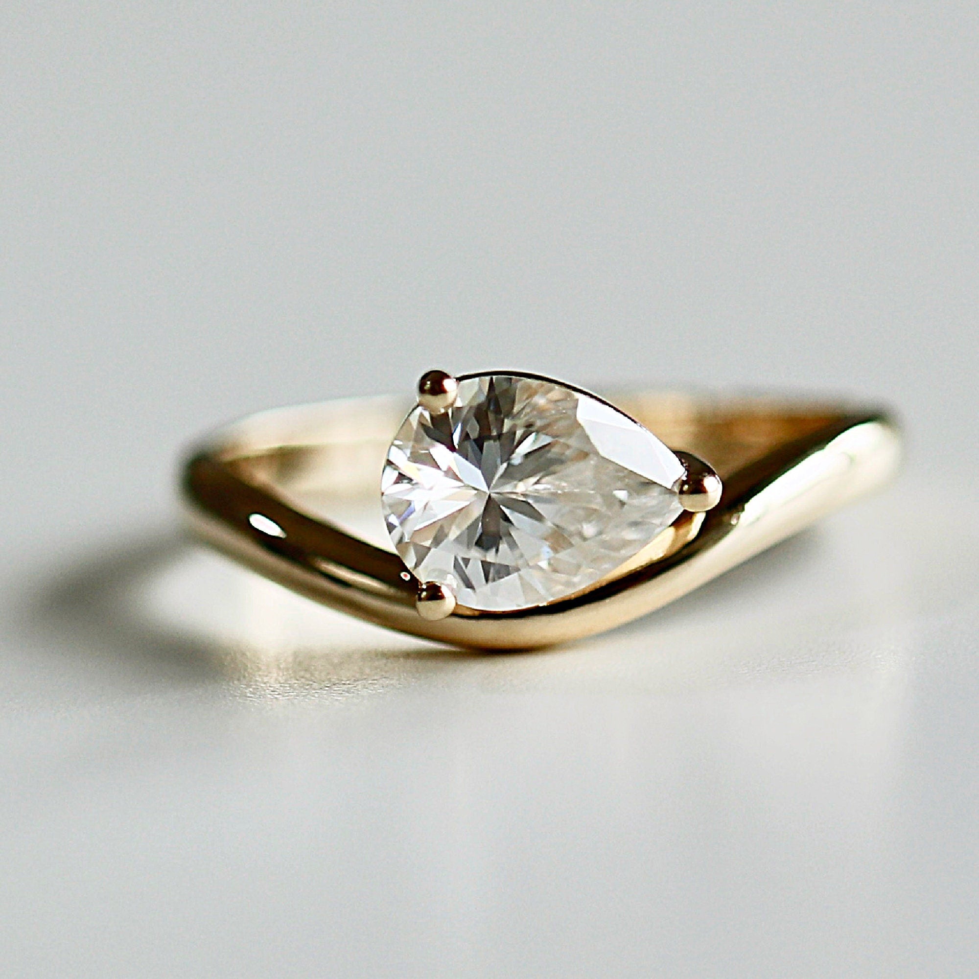 Pear Moissanite Monolith Ring 14k Gold, 1 Ct. Pear Moissanite Engagement Ring East West Unique Sideway Pear Moissanite Ring, Gift For Her