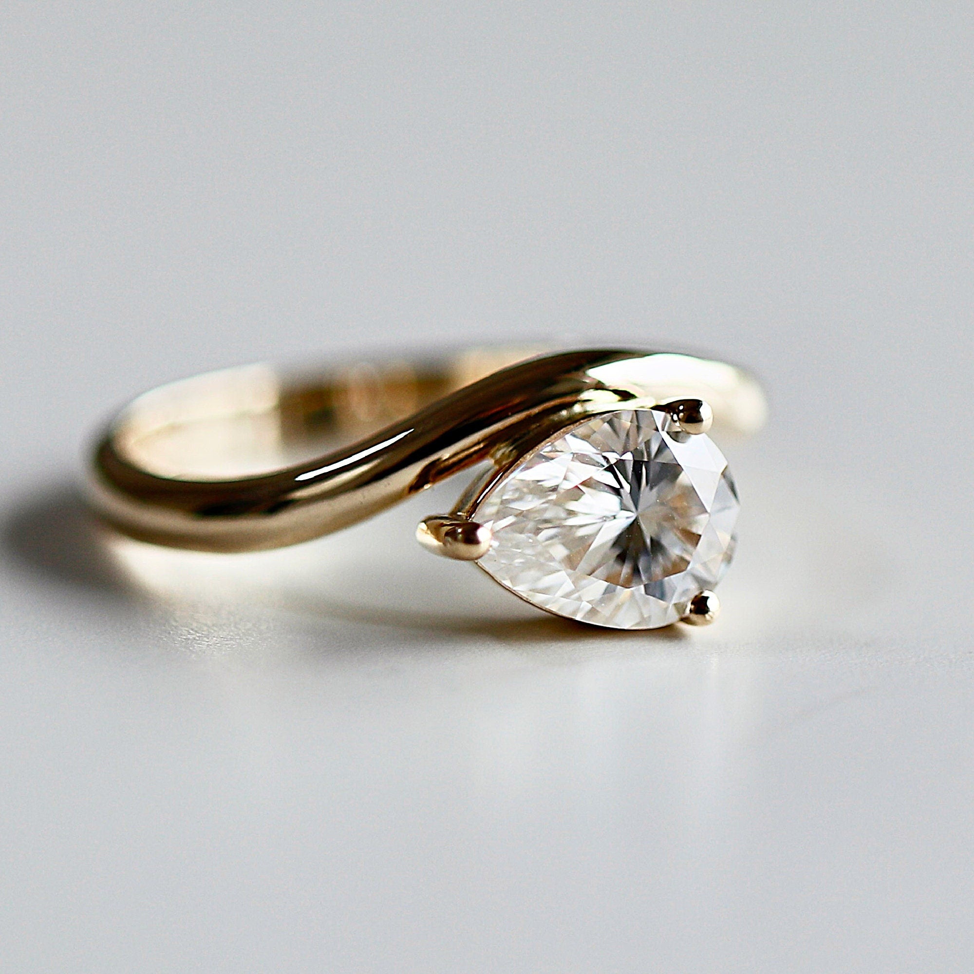 Pear Moissanite Monolith Ring 14k Gold, JASMINE 1 Ct. Pear Moissanite Engagement Ring - Melt'm Jewelry