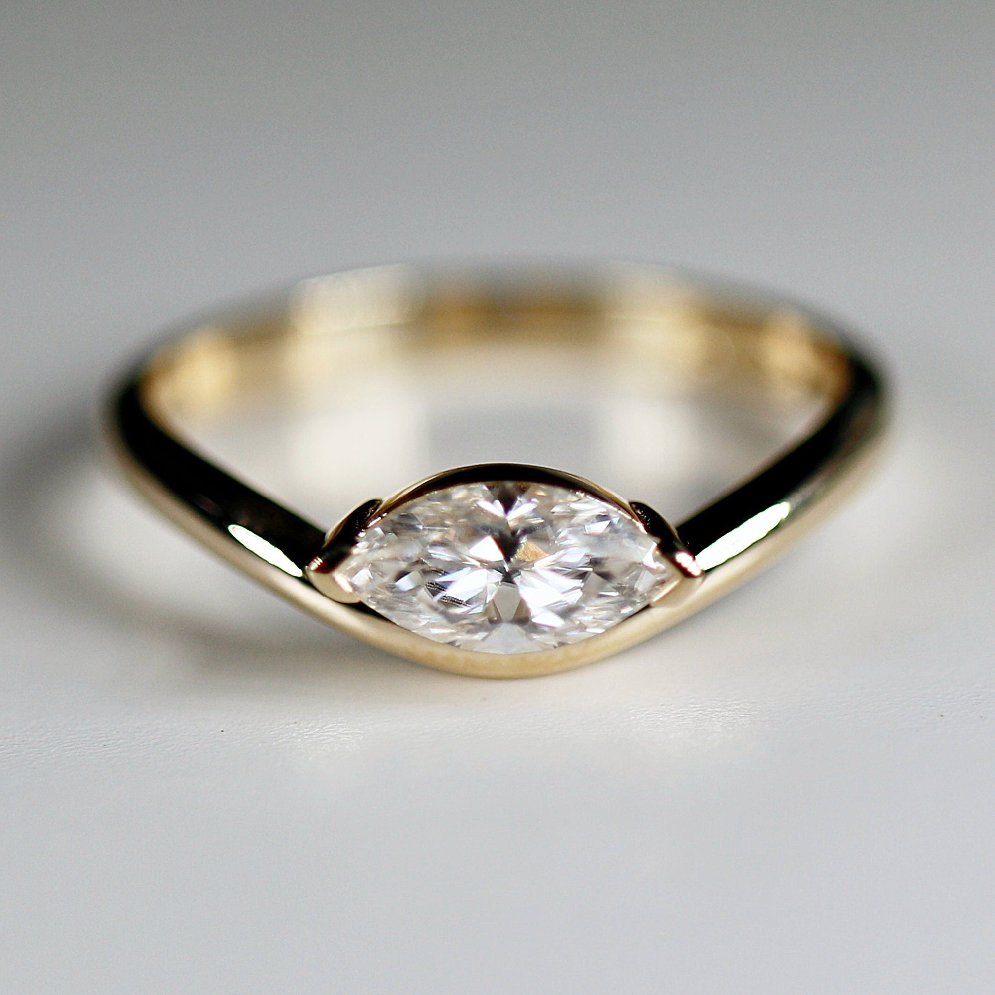 Marquise Moissanite Wavy Band Ring 14k Gold, LILY Minimalist Engagement Ring - Melt'm Jewelry
