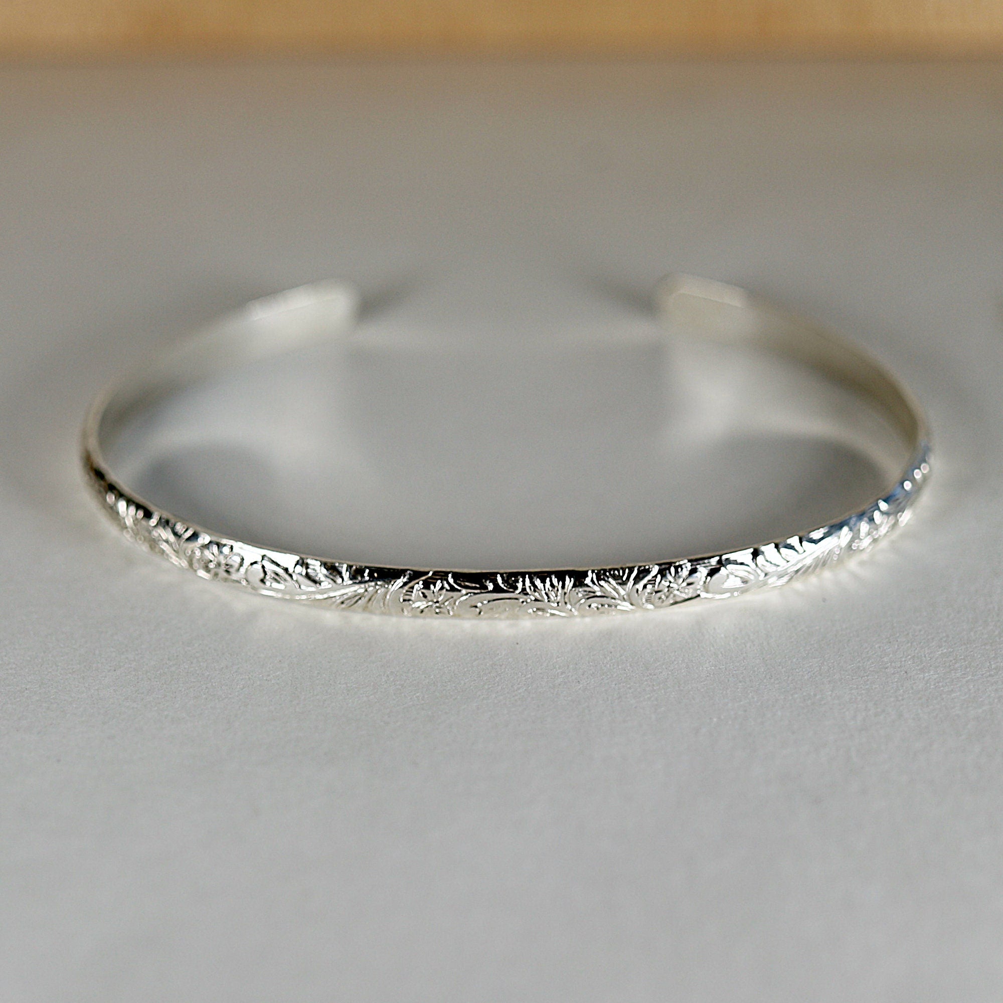 Sterling Silver Open Cuff Bracelet Leaf &amp; Flowers, Handwriting Inside - Melt'm Jewelry