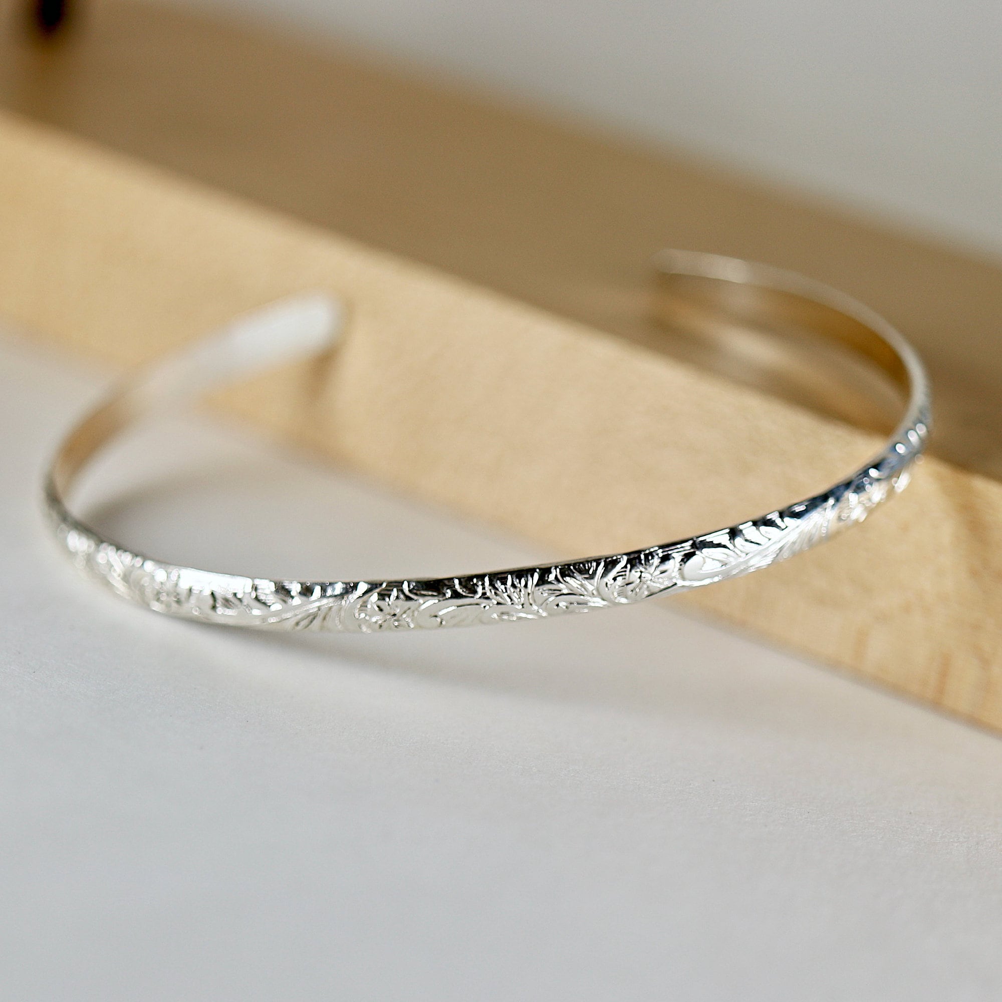 Sterling Silver Open Cuff Bracelet Leaf & Flowers, Handwriting Inside, Silver Bracelet, Etched Silver Open Bangle Bracelet