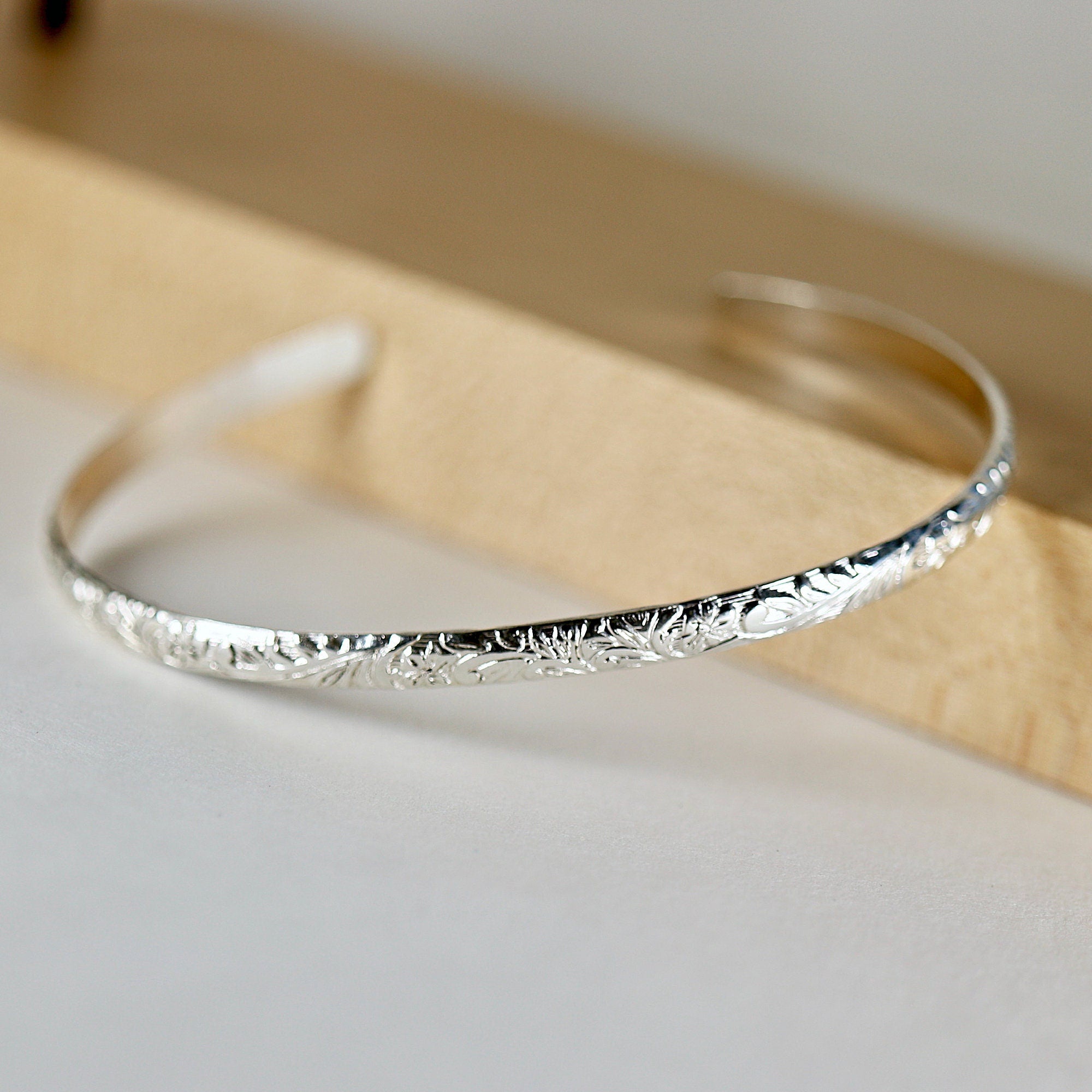 Sterling Silver Open Cuff Bracelet Leaf & Flowers, Handwriting Inside - Melt'm Jewelry