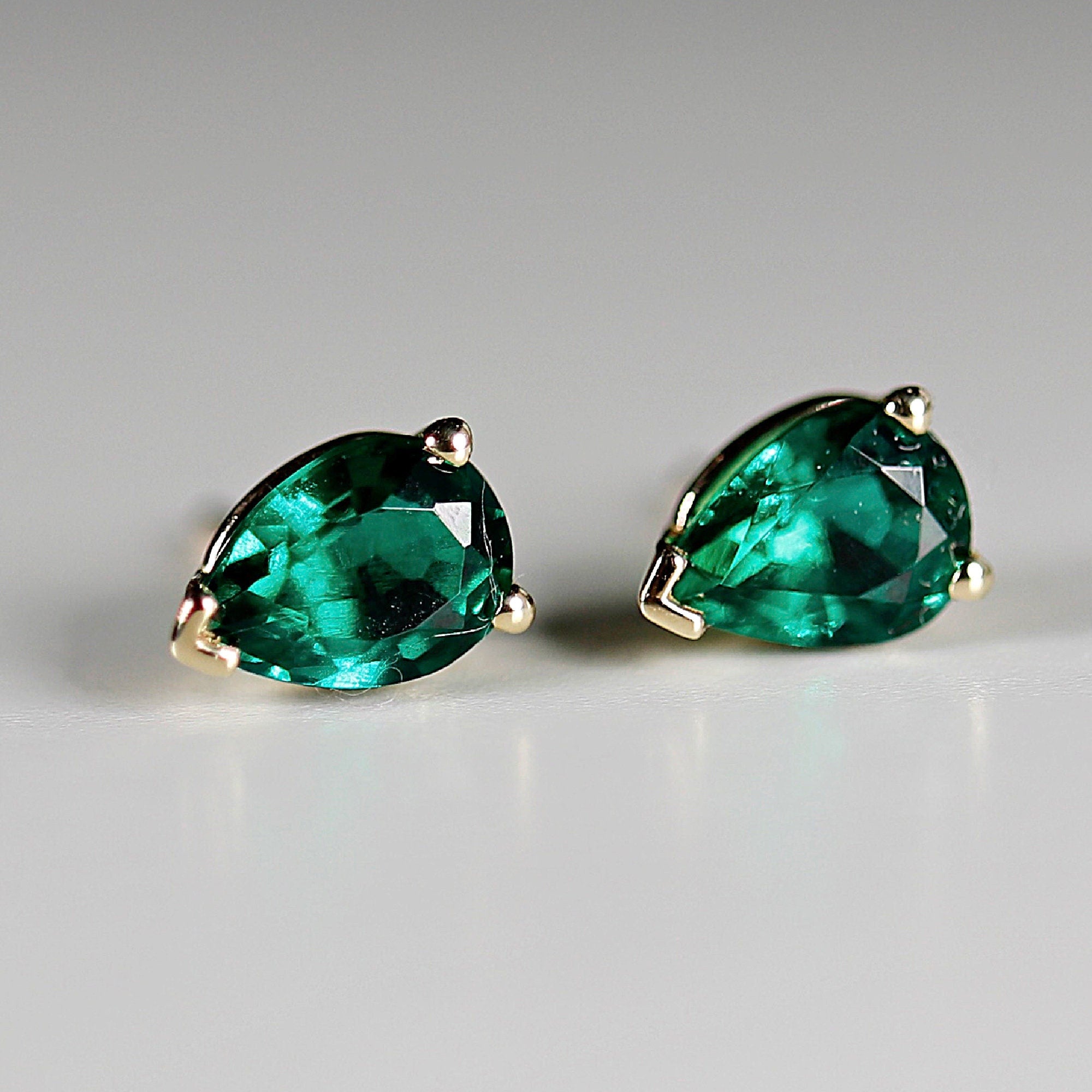 Genuine Pear Emerald Earrings 14k Gold