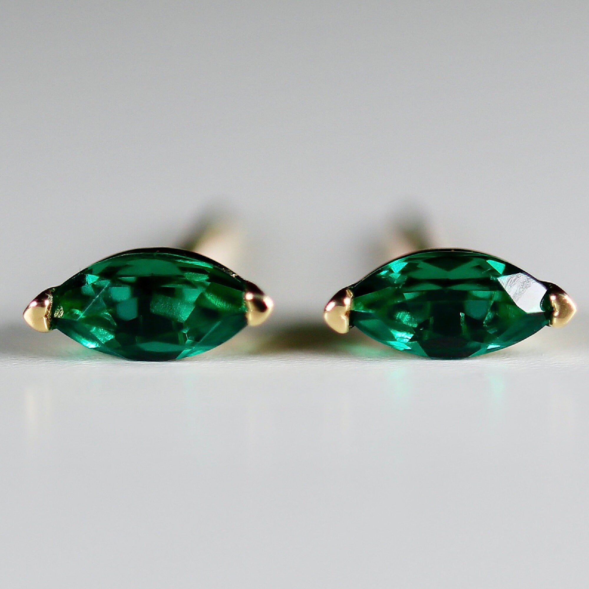 Genuine Marquise Emerald Earrings 14k Gold, Marquise Emerald Stud Earrings, May Birthstone Earrings, Emerald Studs, 20th Anniversary Gift