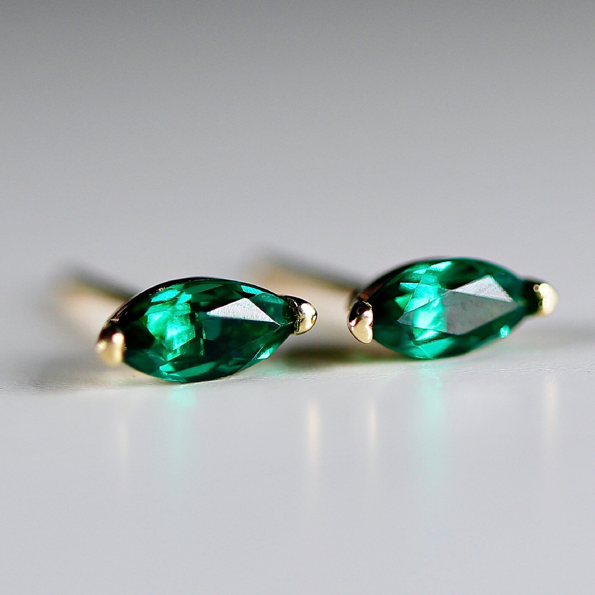 Genuine Marquise Emerald Earrings 14k Gold, Marquise Emerald Stud Earrings, May Birthstone Earrings, Emerald Studs, 20th Anniversary Gift