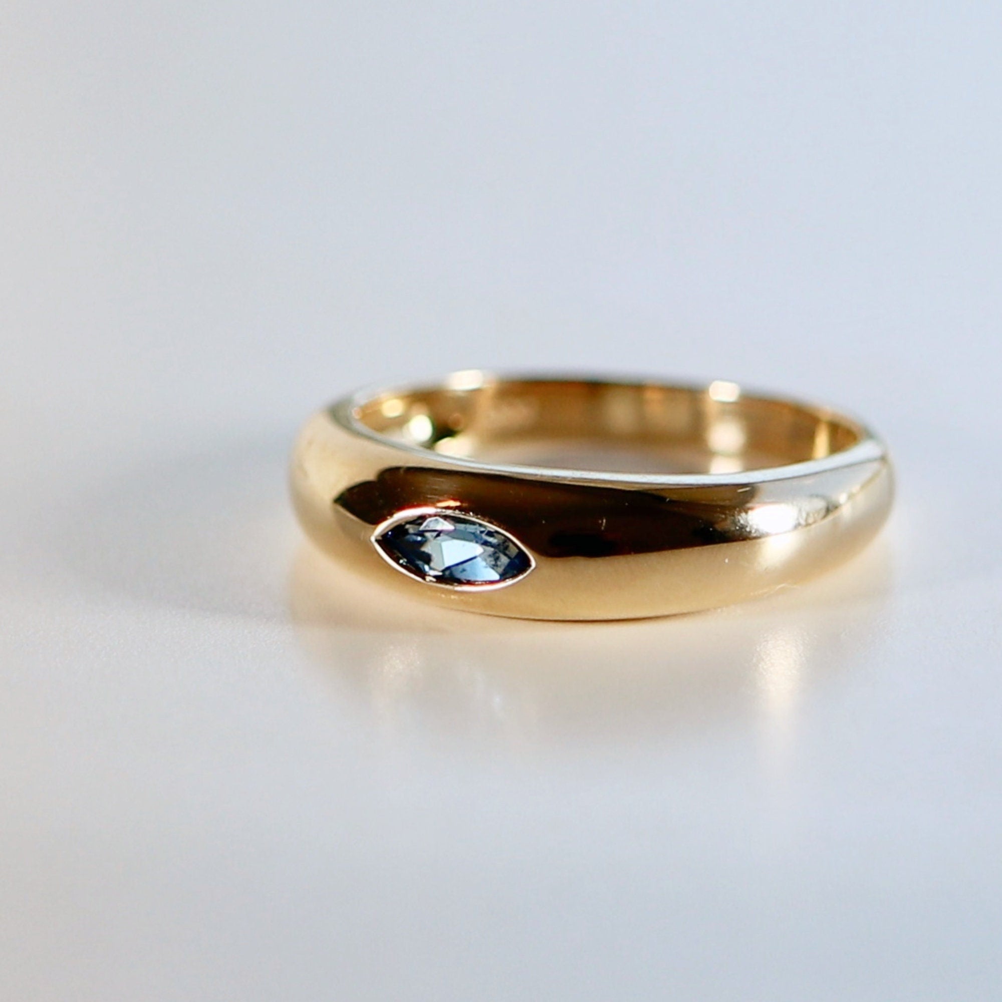 14k Gold Minimalist Dome Ring With Marquise London Blue Topaz - Melt'm Jewelry