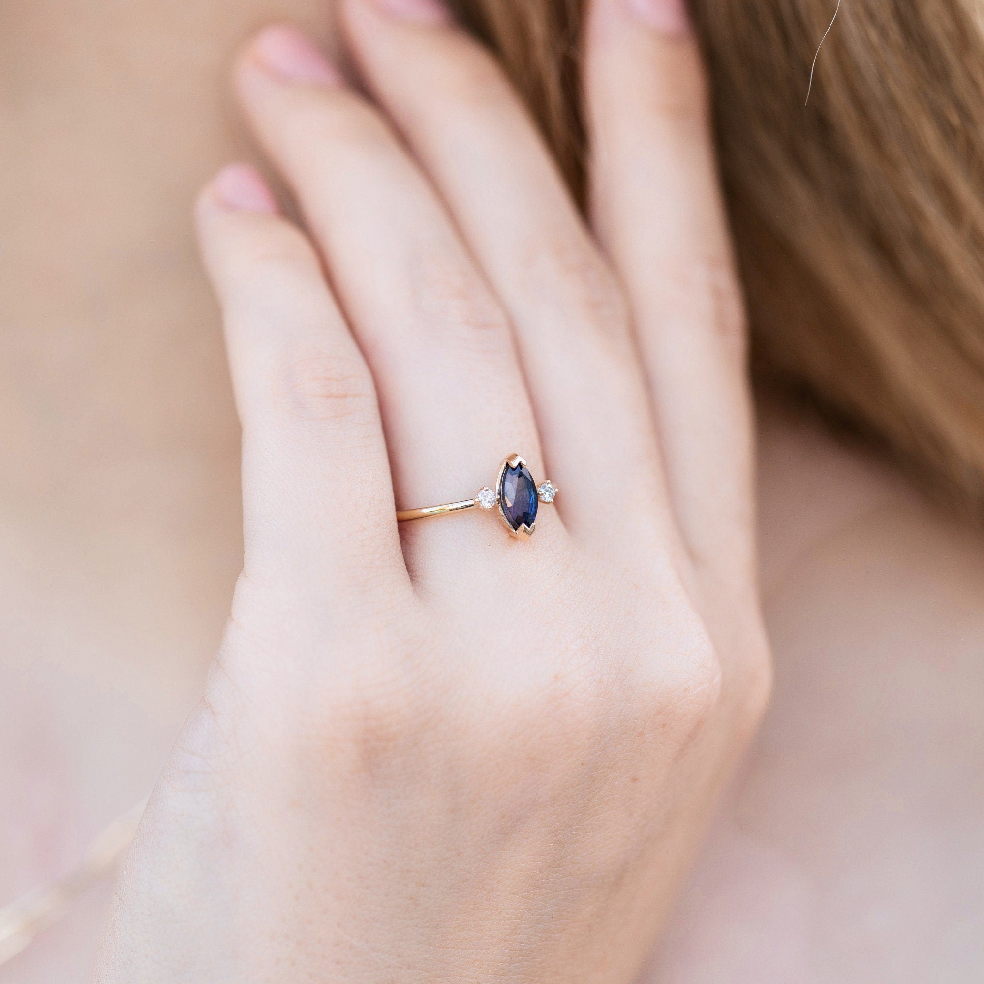 Marquise Blue Sapphire w Diamonds Ring, Anniversary Gift, Sapphire Ring, Three Stone Ring, Unique Marquise Engagement Ring