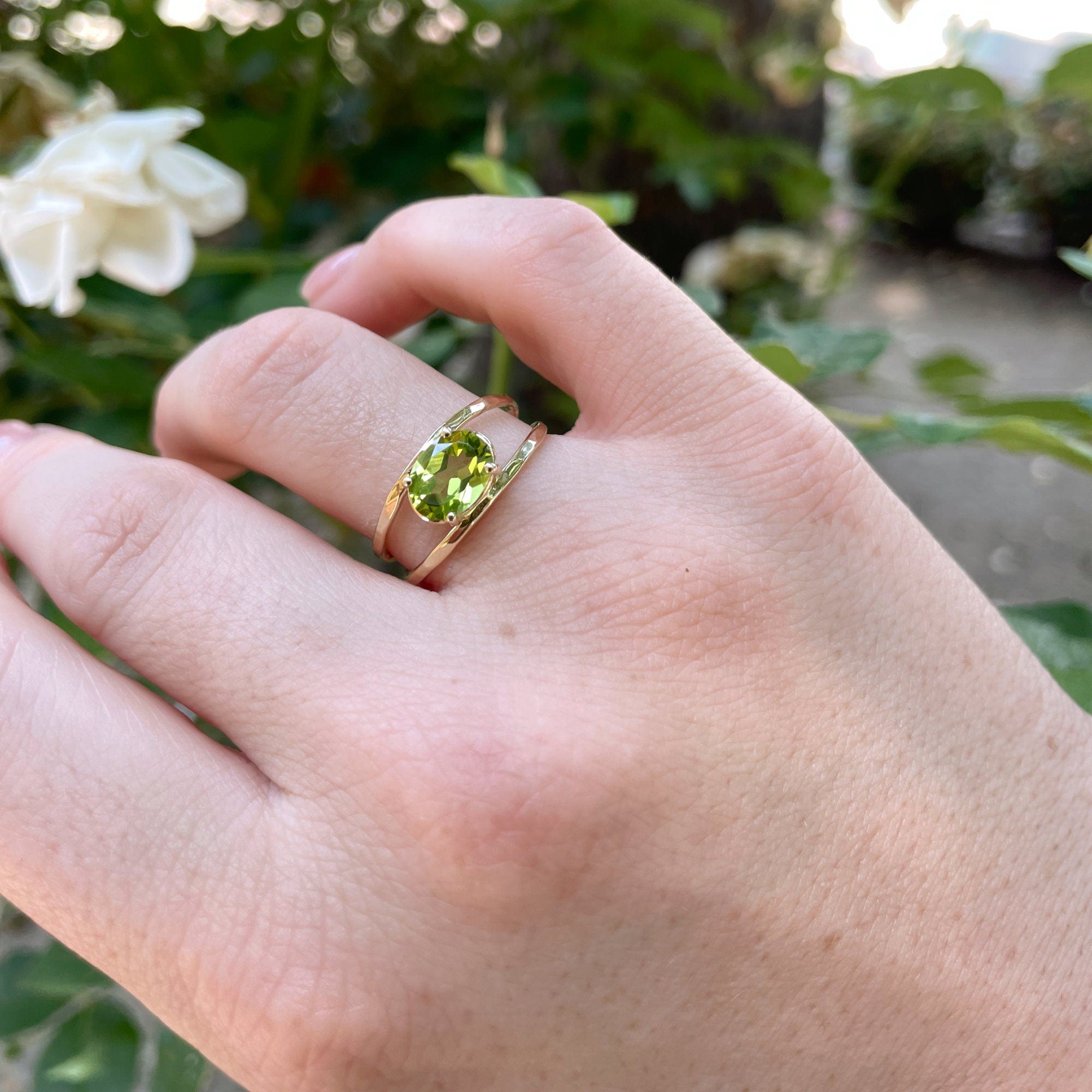 14k Gold Peridot Ring, Oval Engagement Ring, Double Band Ring - Melt'm Jewelry