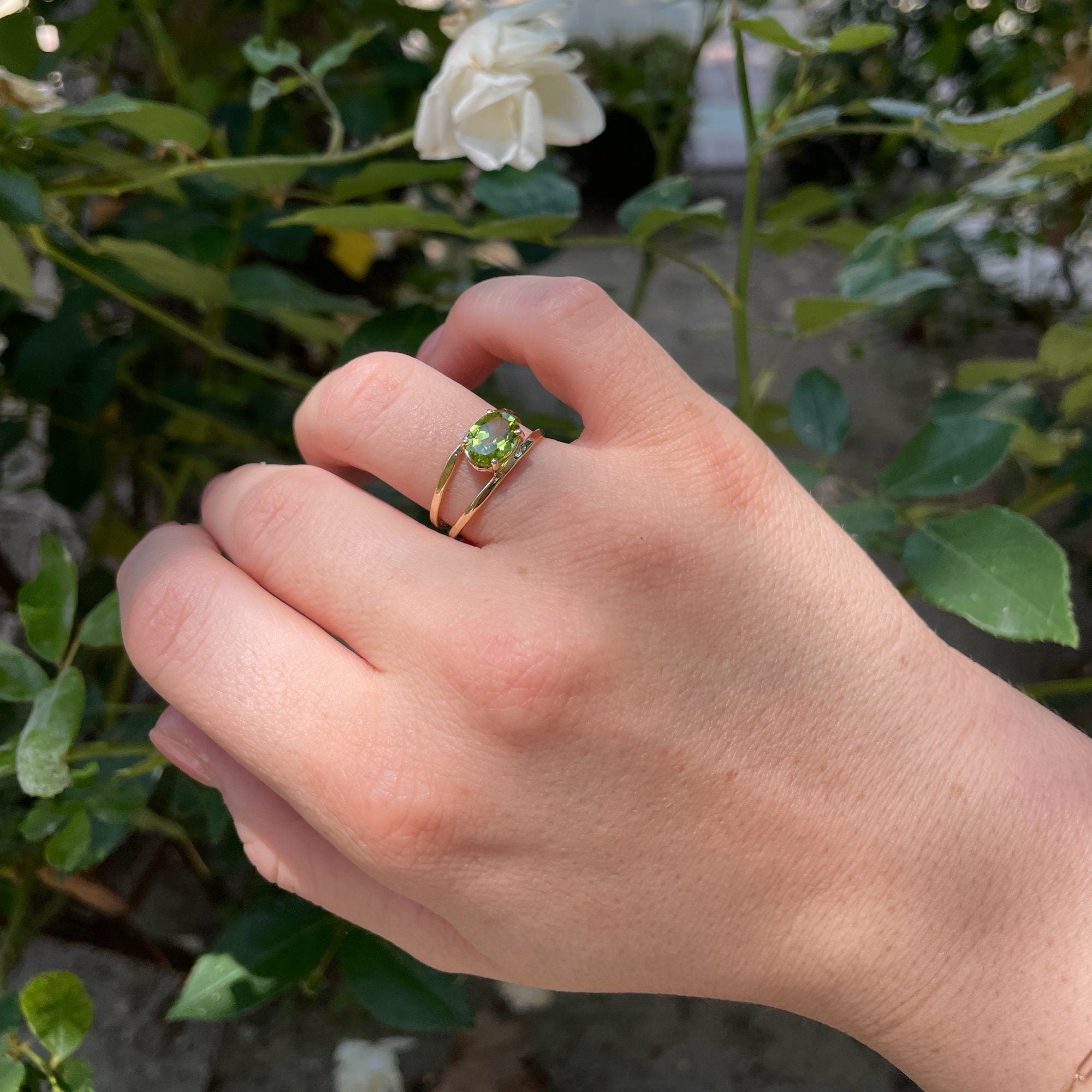 14k Gold Peridot Ring, Oval Engagement Ring, Double Band Ring