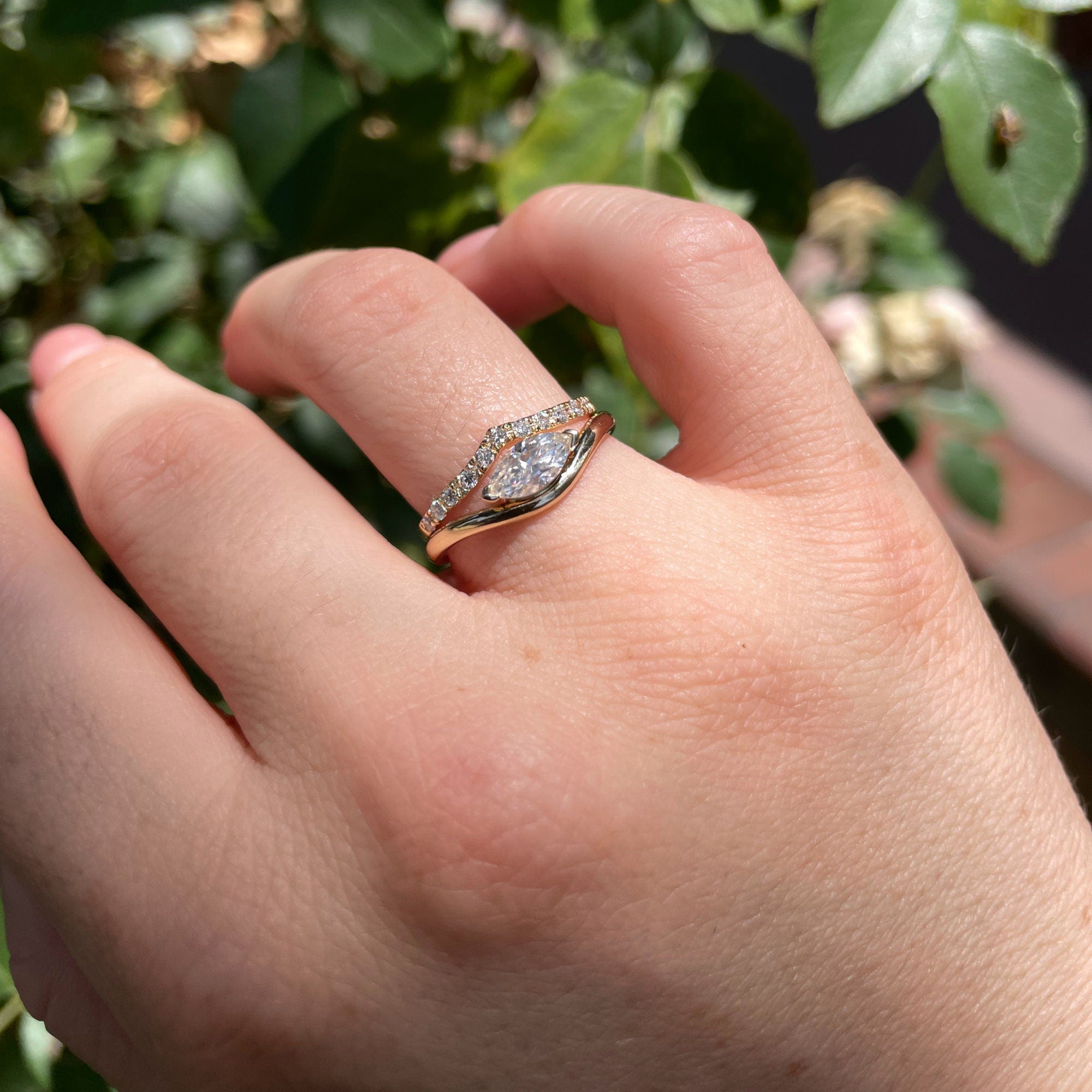 Marquise Moissanite Wavy Band Ring 14k Gold, LILY Minimalist Engagement Ring - Melt'm Jewelry