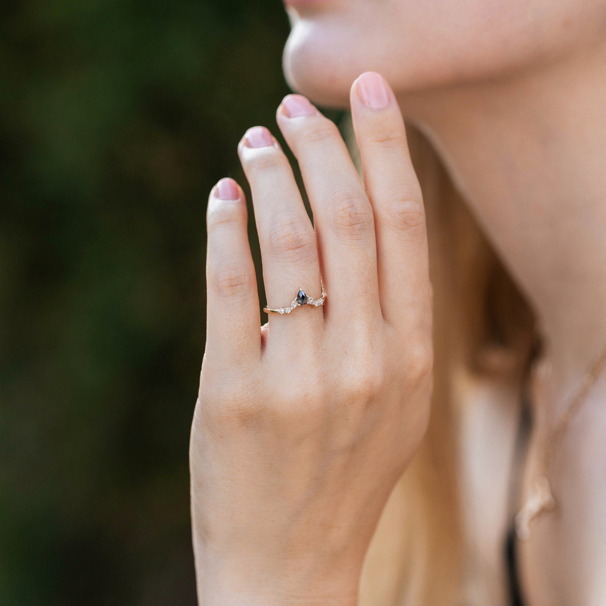 Pear Salt and Pepper Diamond Ring 14k Yellow Gold, Rose Cut Salt and Pepper Diamond Cluster Ring, Alternative Unique Rustic Diamond Ring