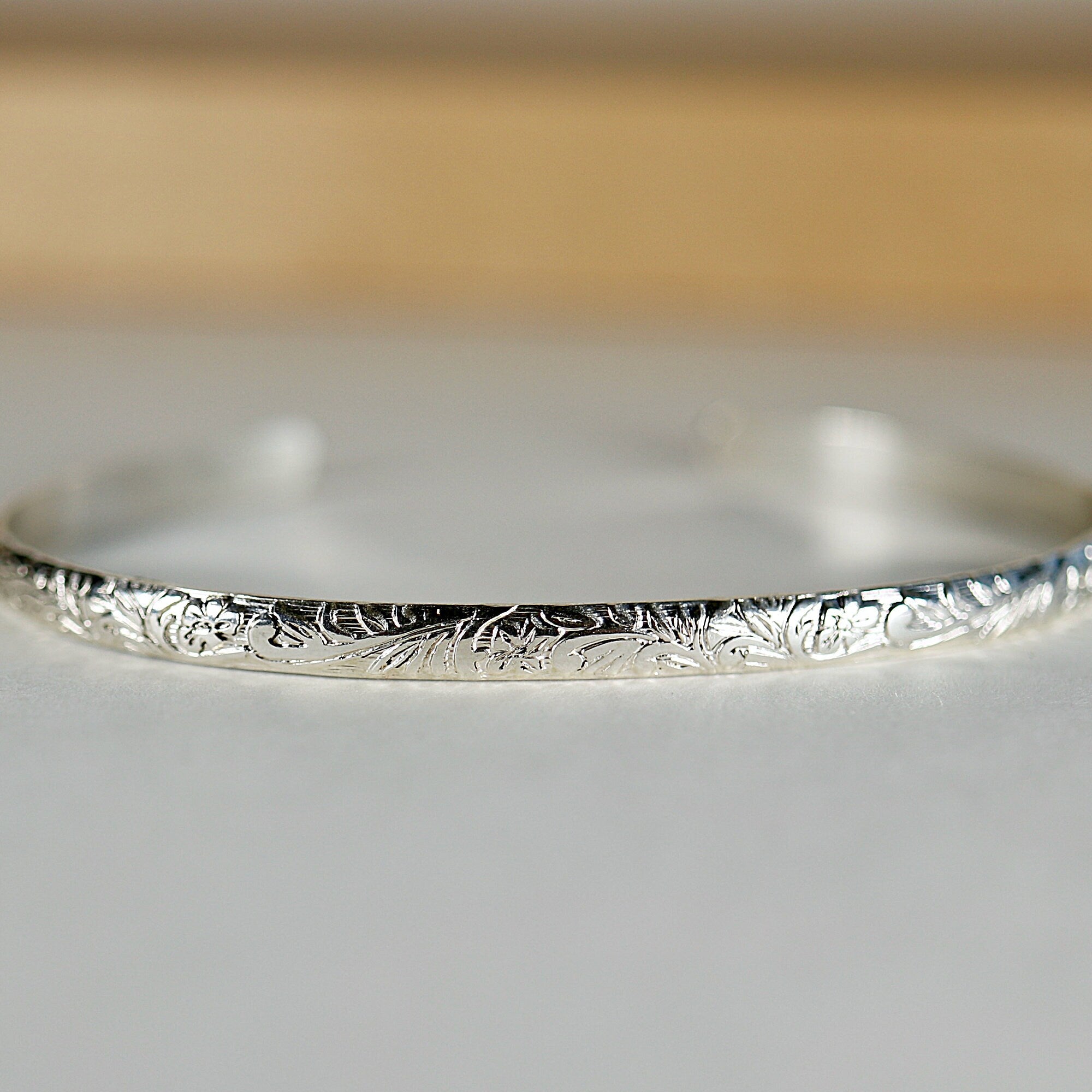 Sterling Silver Open Cuff Bracelet Leaf &amp; Flowers, Handwriting Inside, Silver Bracelet, Etched Silver Open Bangle Bracelet