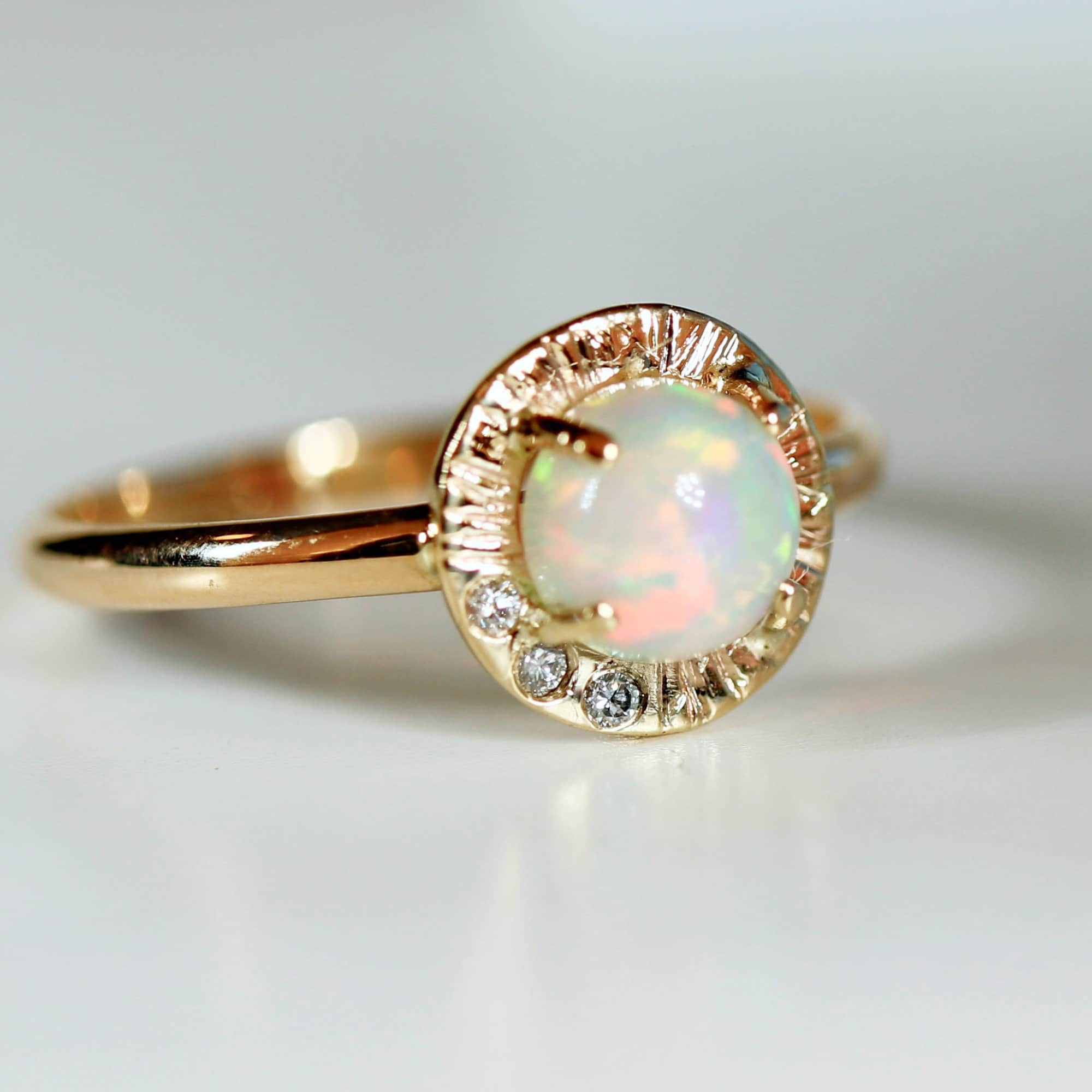 Opal Ring 14k Solid Gold, Handmade Opal Sun Ring, Round Opal and Diamond Sunrise Ring, October Birthstone Ring, Anniversary Ring